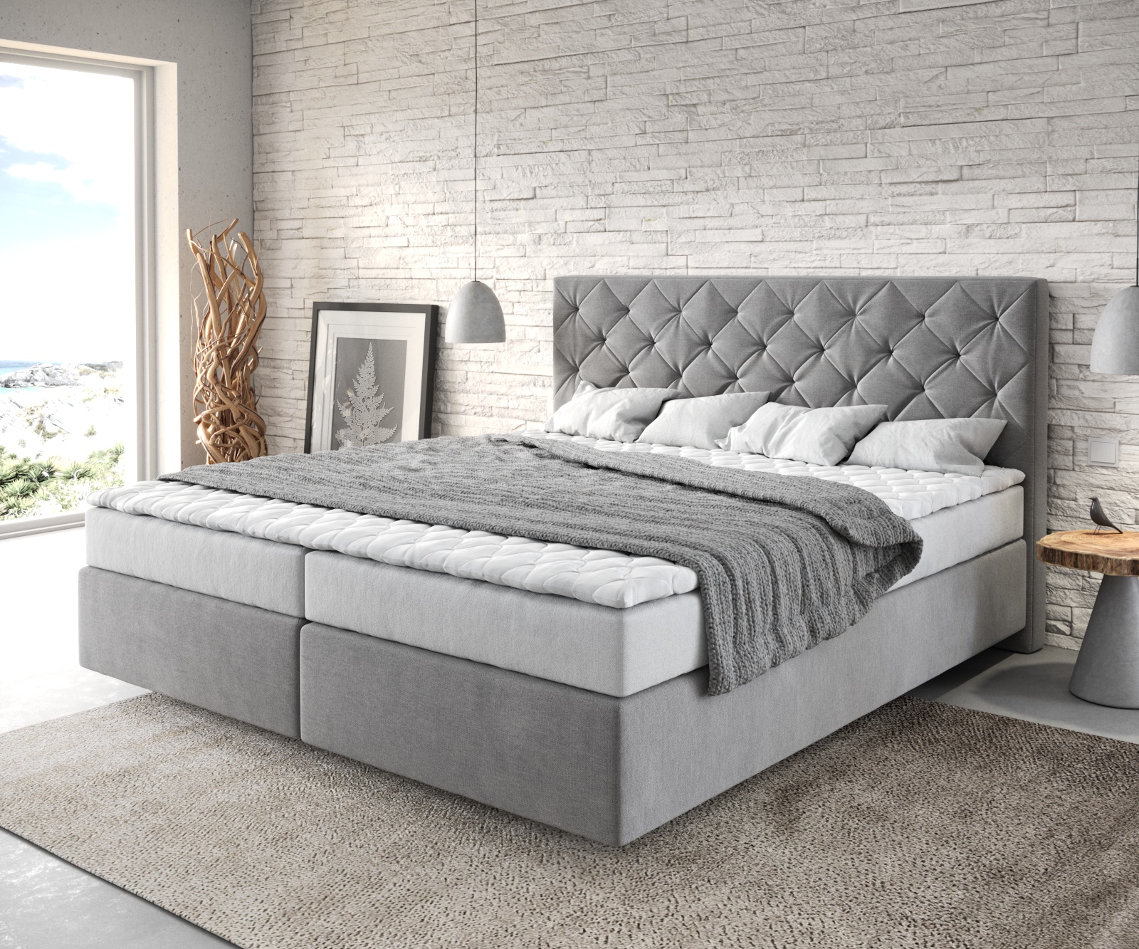 DELIFE Boxspringbett Dream-Great 180×200 cm Mikrofaser Grau mit Matratze und Topper, Boxspringbetten