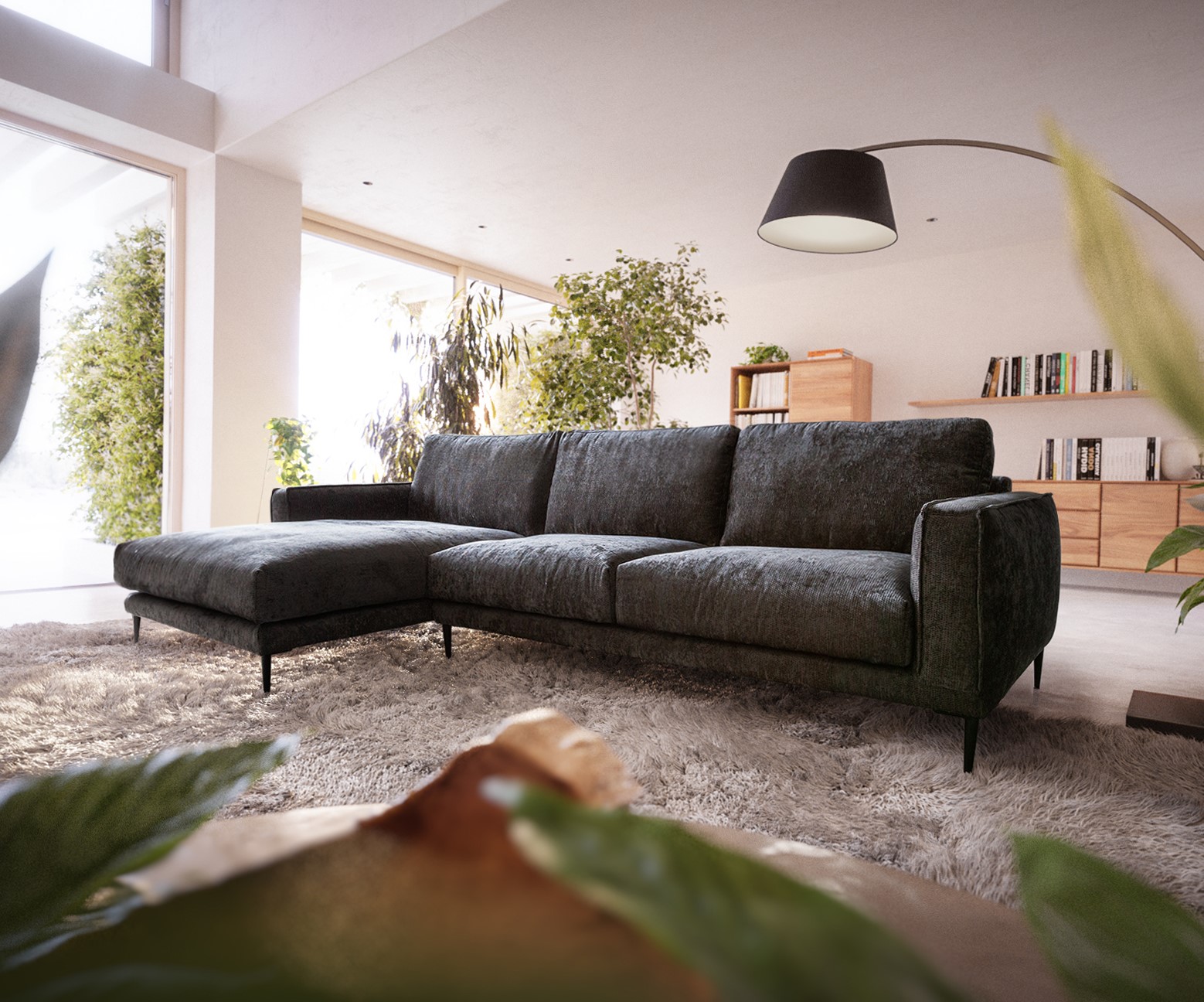 DELIFE Ecksofa Sottil 290 x 165cm Chenille Anthrazit Recamiere links, Ecksofas