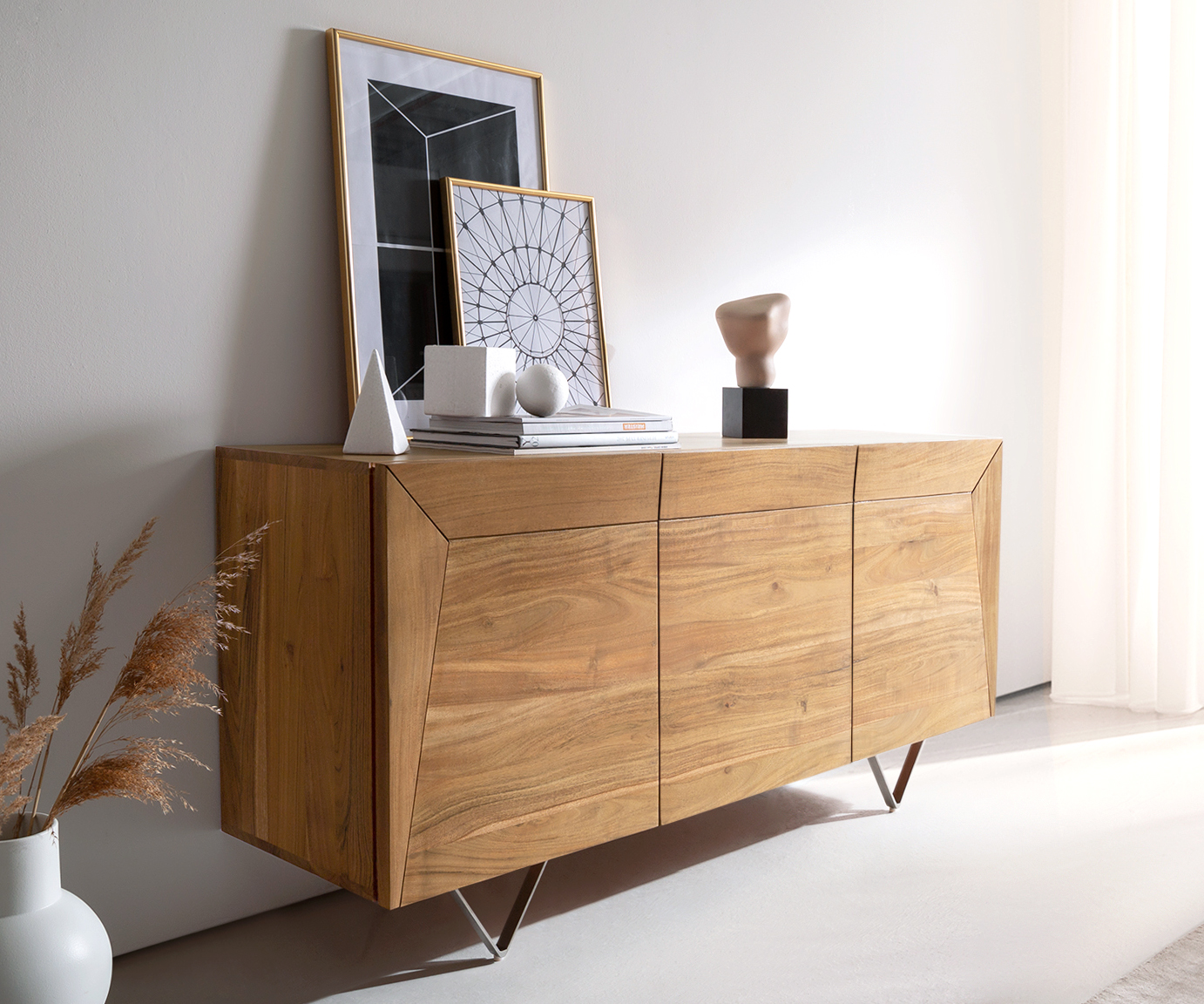 DELIFE Sideboard Kayu 145x40x70 cm Akazie Natur 3 Türen V-Fuß, Sideboards