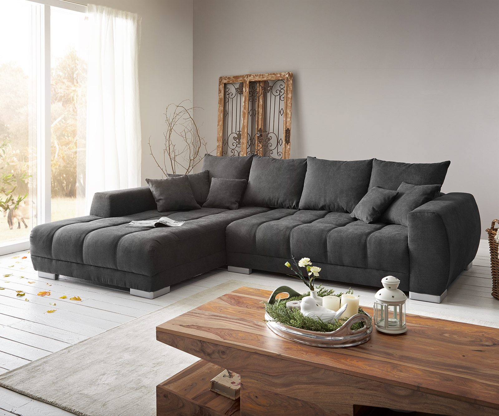 DELIFE Ecksofa Josea 300×220 cm Mikrofaser Schwarz Recamiere links, Ecksofas