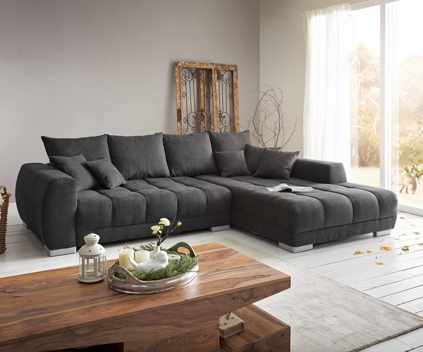 DELIFE Ecksofa Josea 300×220 cm Mikrofaser Schwarz Recamiere rechts, Ecksofas