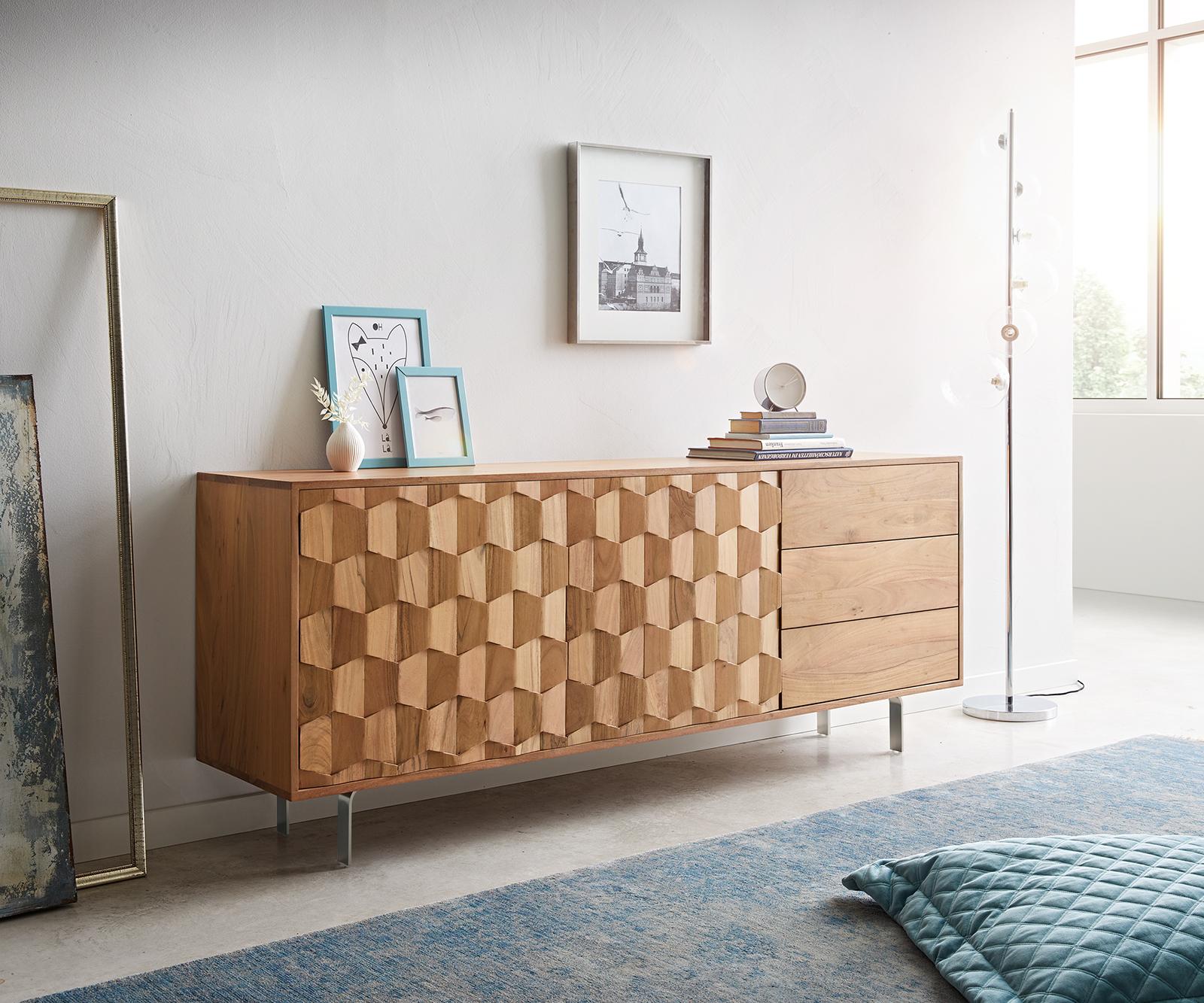 DELIFE Sideboard Fevo 175 cm Akazie Natur 2 Türen 3 Schubfächer L-Fuß, Sideboards