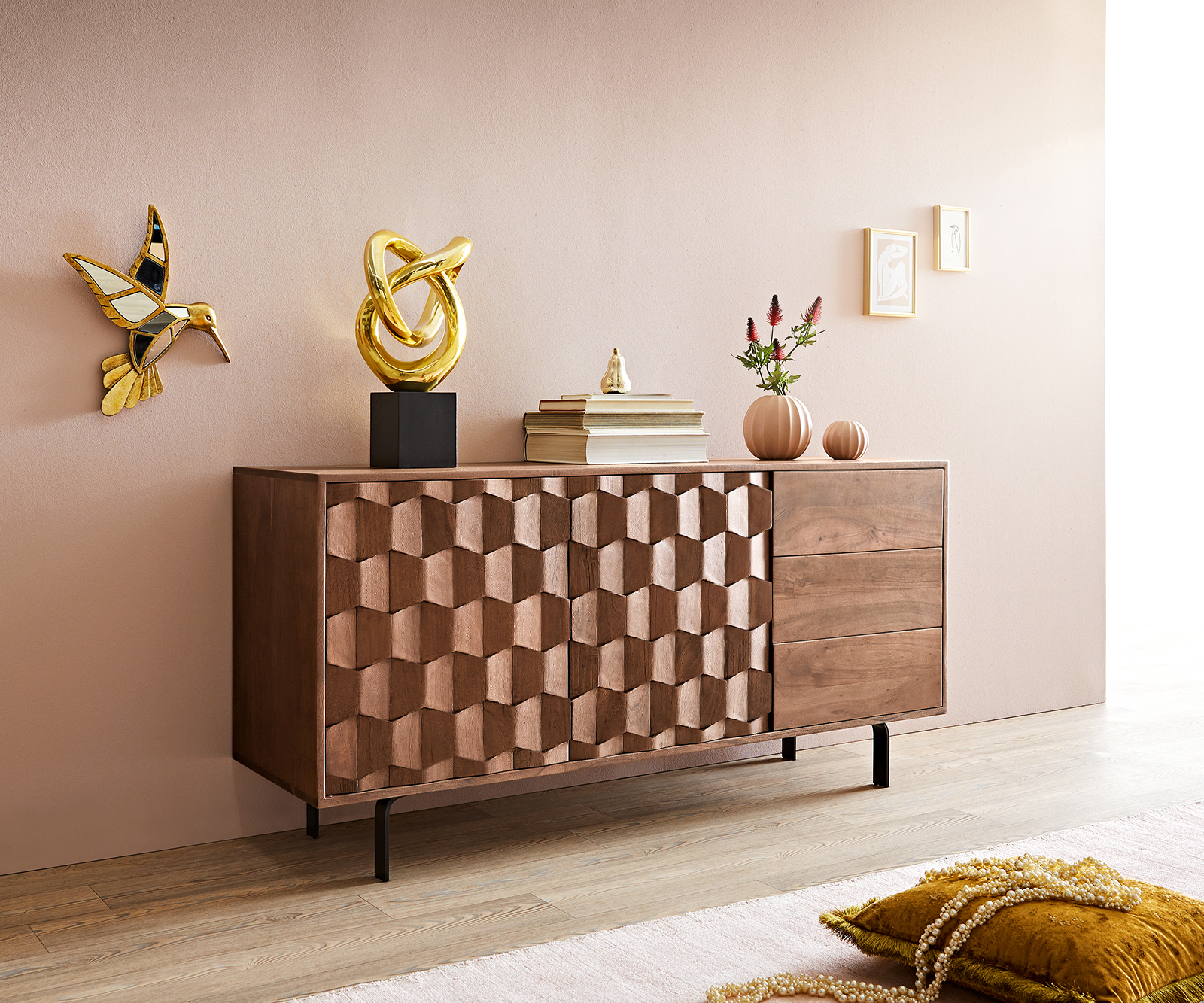 DELIFE Sideboard Fevo 145 cm Akazie Braun 2 Türen 3 Schubfächer L-Fuß, Sideboards