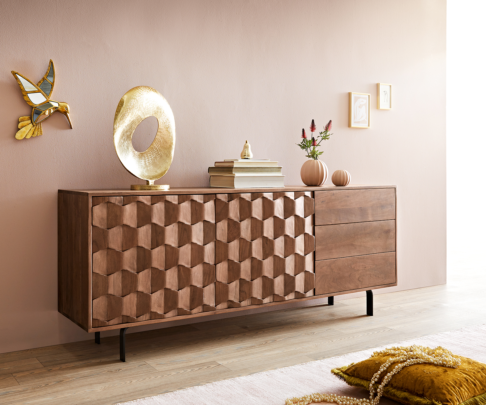 DELIFE Sideboard Fevo 175 cm Akazie Braun 2 Türen 3 Schubfächer L-Fuß, Sideboards