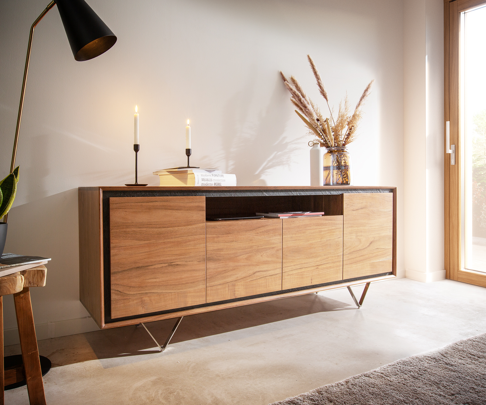 DELIFE Sideboard Stonegrace 175 cm Akazie Natur 4 Türen 1 Fach Steinfurnier V-Fuß, Sideboards