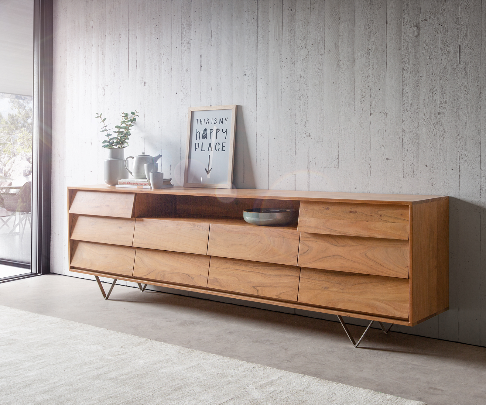 DELIFE Sideboard Eloi 240×40 cm Akazie Natur 2 Türen 6 Schubladen V-Fuß Edelstahl, Sideboards