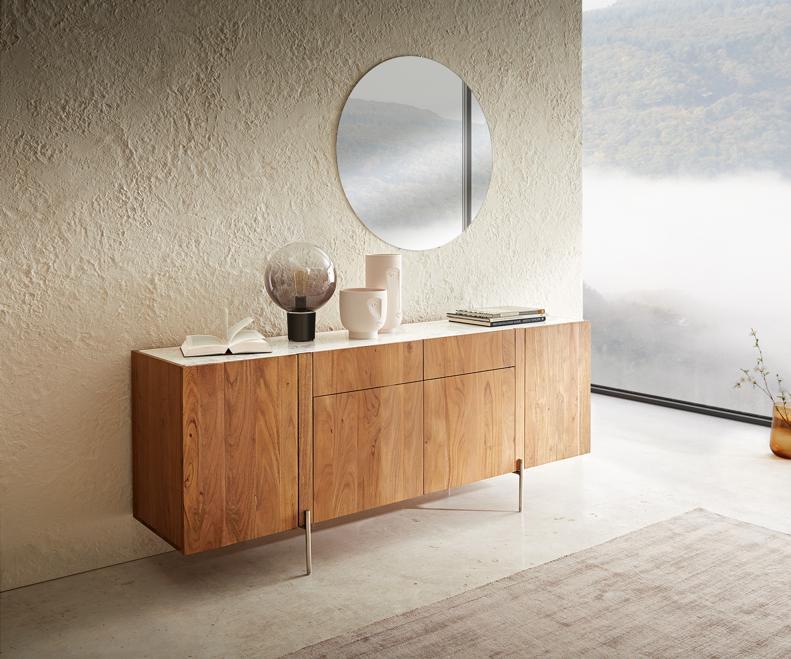 DELIFE Sideboard Secara 175 cm Akazie Natur 4 Türen 2 Schübe Marmor Füße Edelstahl, Sideboards