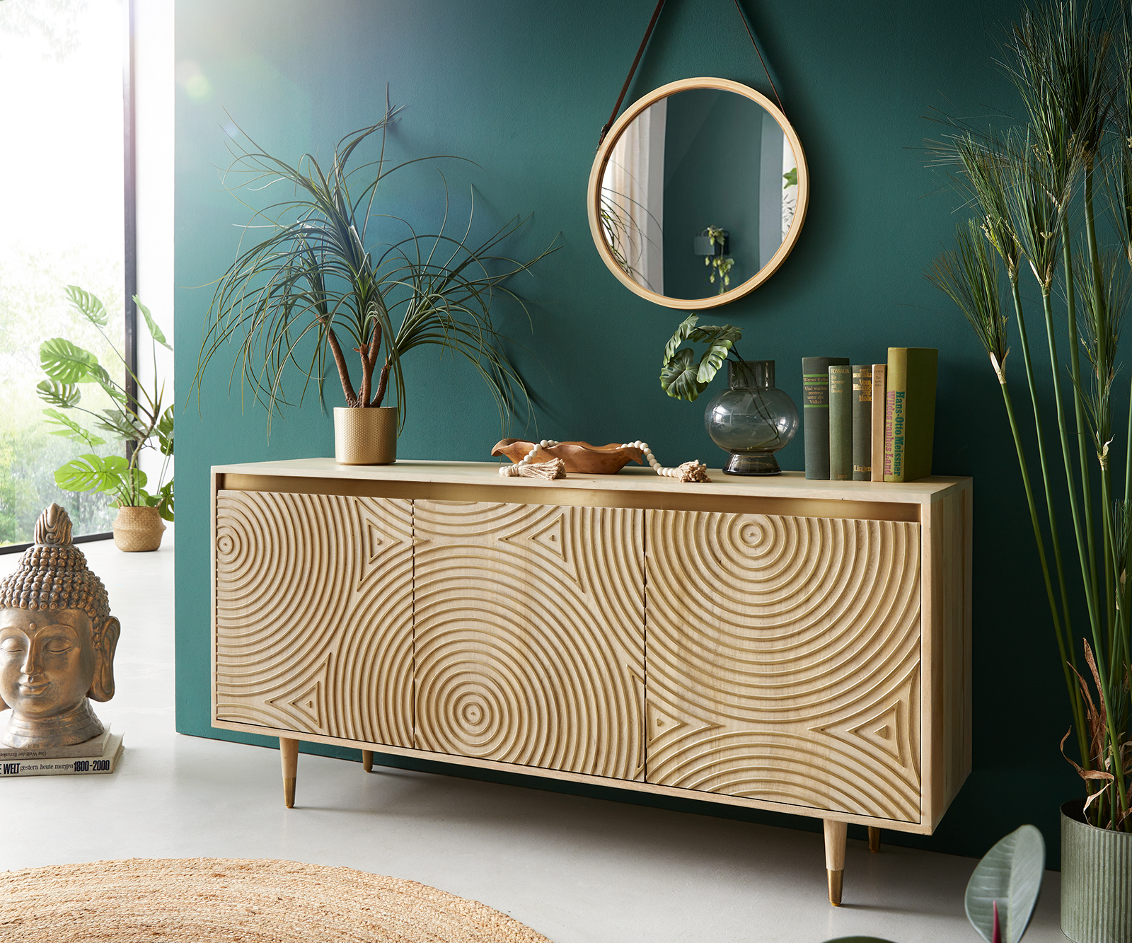 DELIFE Kommode Budaya 150cm Mango Natur 3 Türen Fuß rund, Sideboards