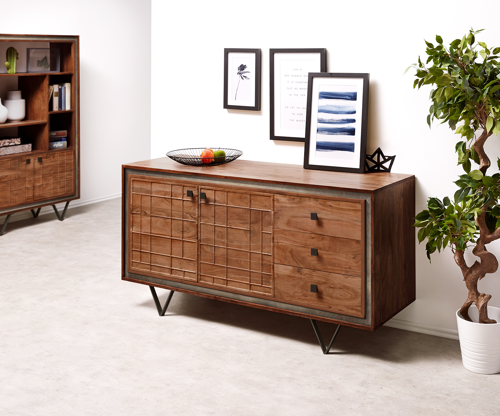 DELIFE Sideboard Stonegrace 150 cm Akazie Braun 3D 2 Türen 3 Schubladen V-Fuß Schwarz, Sideboards