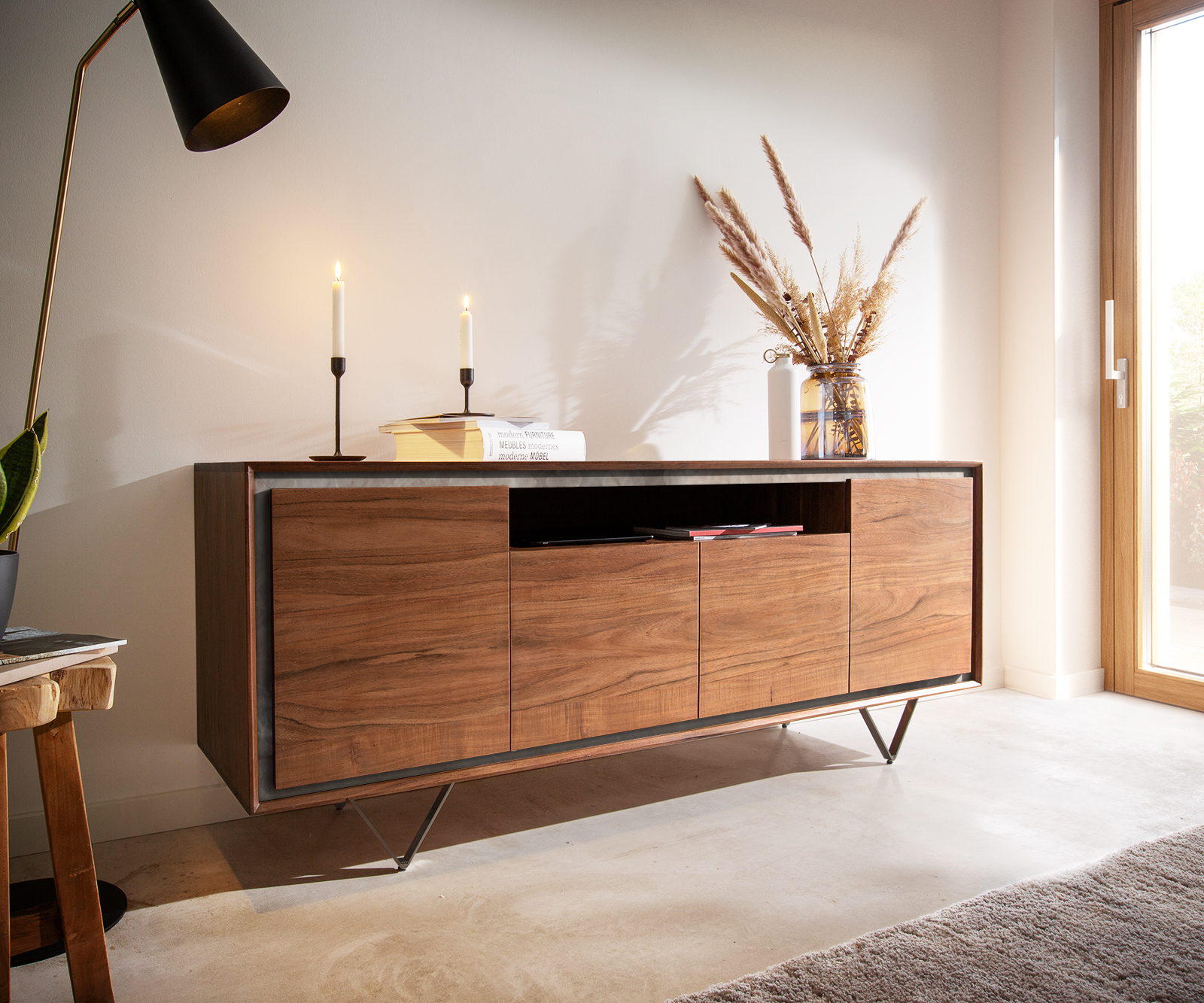 DELIFE Sideboard Stonegrace 175 cm Akazie Braun Steinfurnier 4 Türen 1 Fach V-Fuß Schwarz, Sideboards