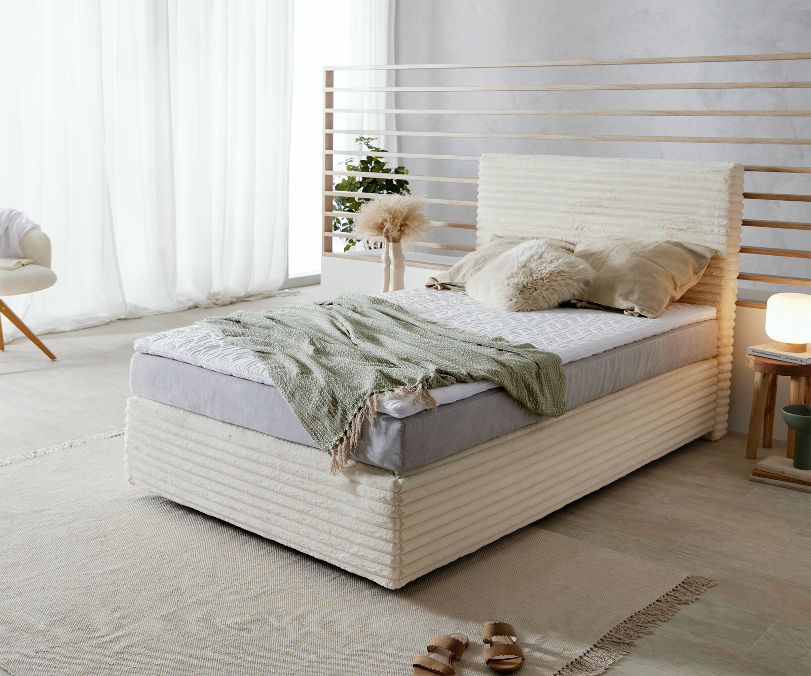 DELIFE Boxspringbett Dream-Well Plüsch-Cord Beige 120×200 cm TFK-Matratze Visco-Topper, Boxspringbetten