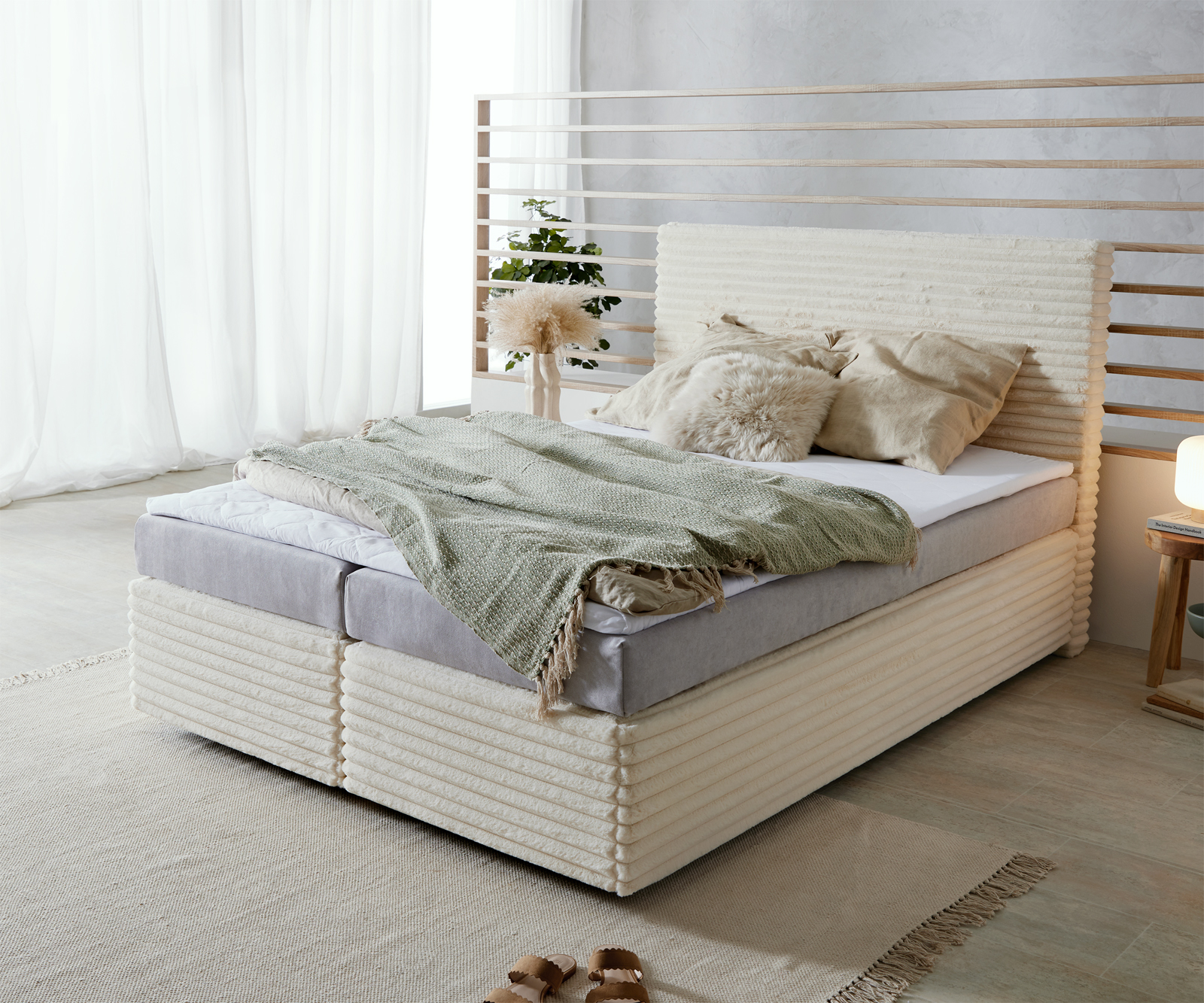 DELIFE Boxspringbett Dream-Well Plüsch-Cord Beige 140×200 cm Bonell-Matratze PU-Topper, Boxspringbetten