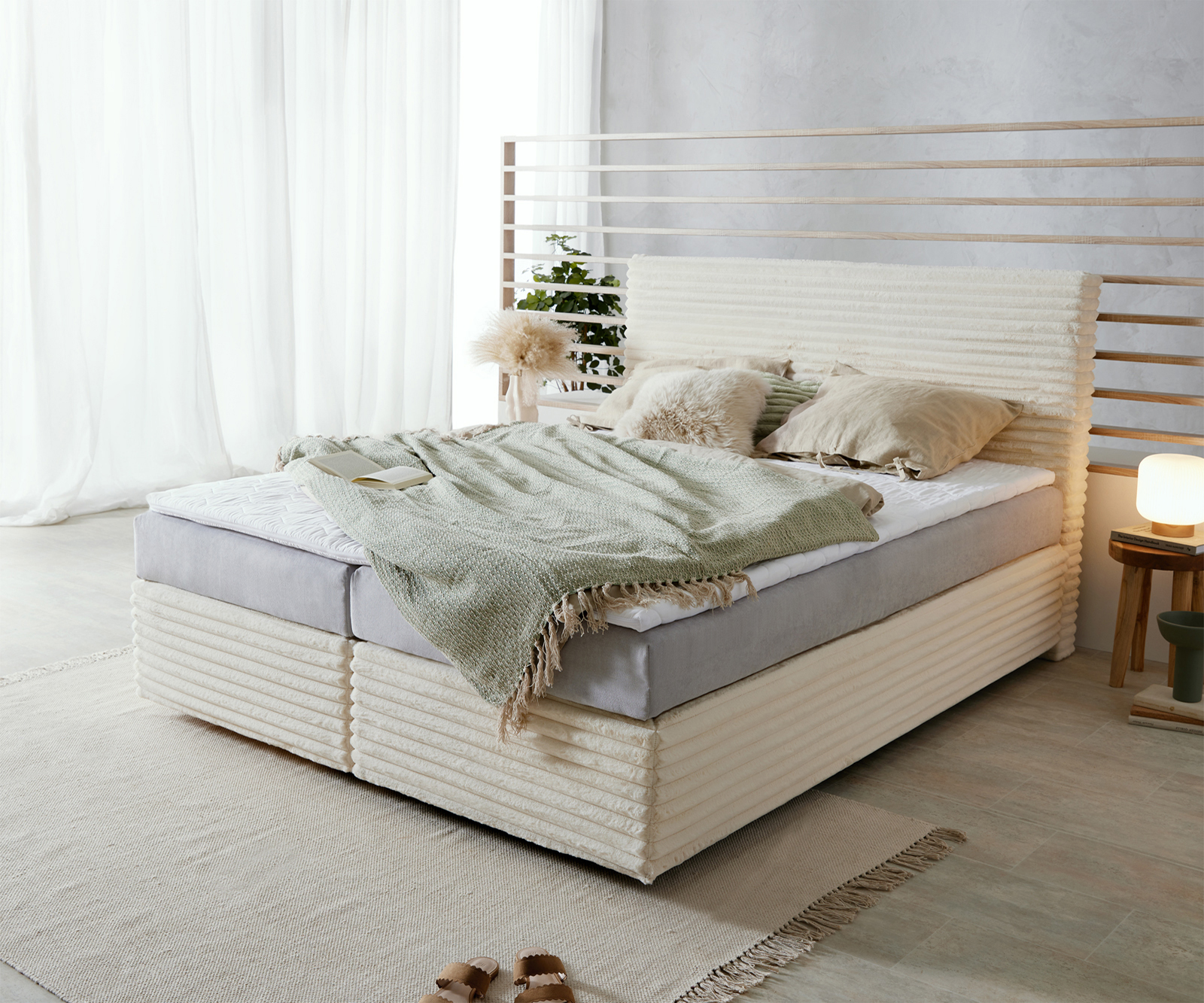 DELIFE Boxspringbett Dream-Well Plüsch-Cord Beige 160×200 cm TFK-Matratze Visco-Topper, Boxspringbetten