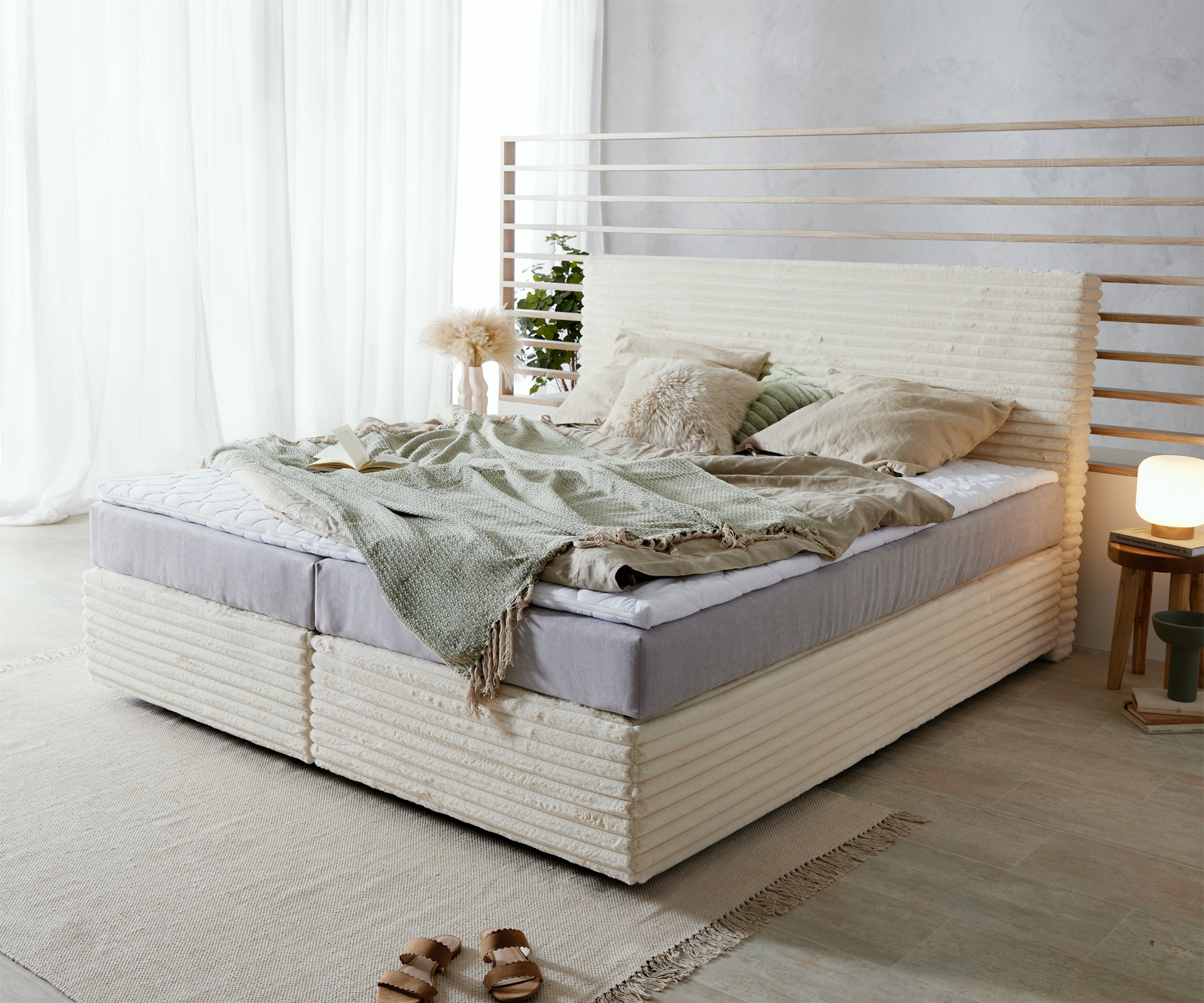 DELIFE Boxspringbett Dream-Well Plüsch-Cord Beige 180×200 cm TFK-Matratze Visco-Topper, Boxspringbetten