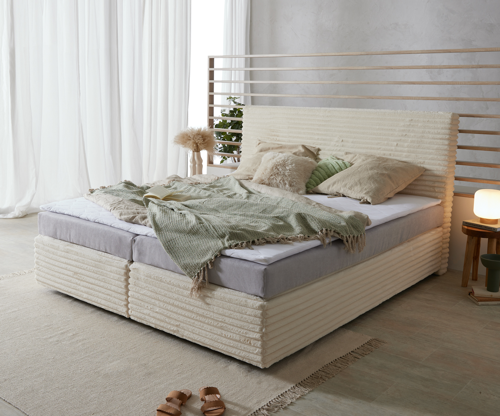 DELIFE Boxspringbett Dream-Well Plüsch-Cord Beige 180×200 cm Bonell-Matratze PU-Topper, Boxspringbetten