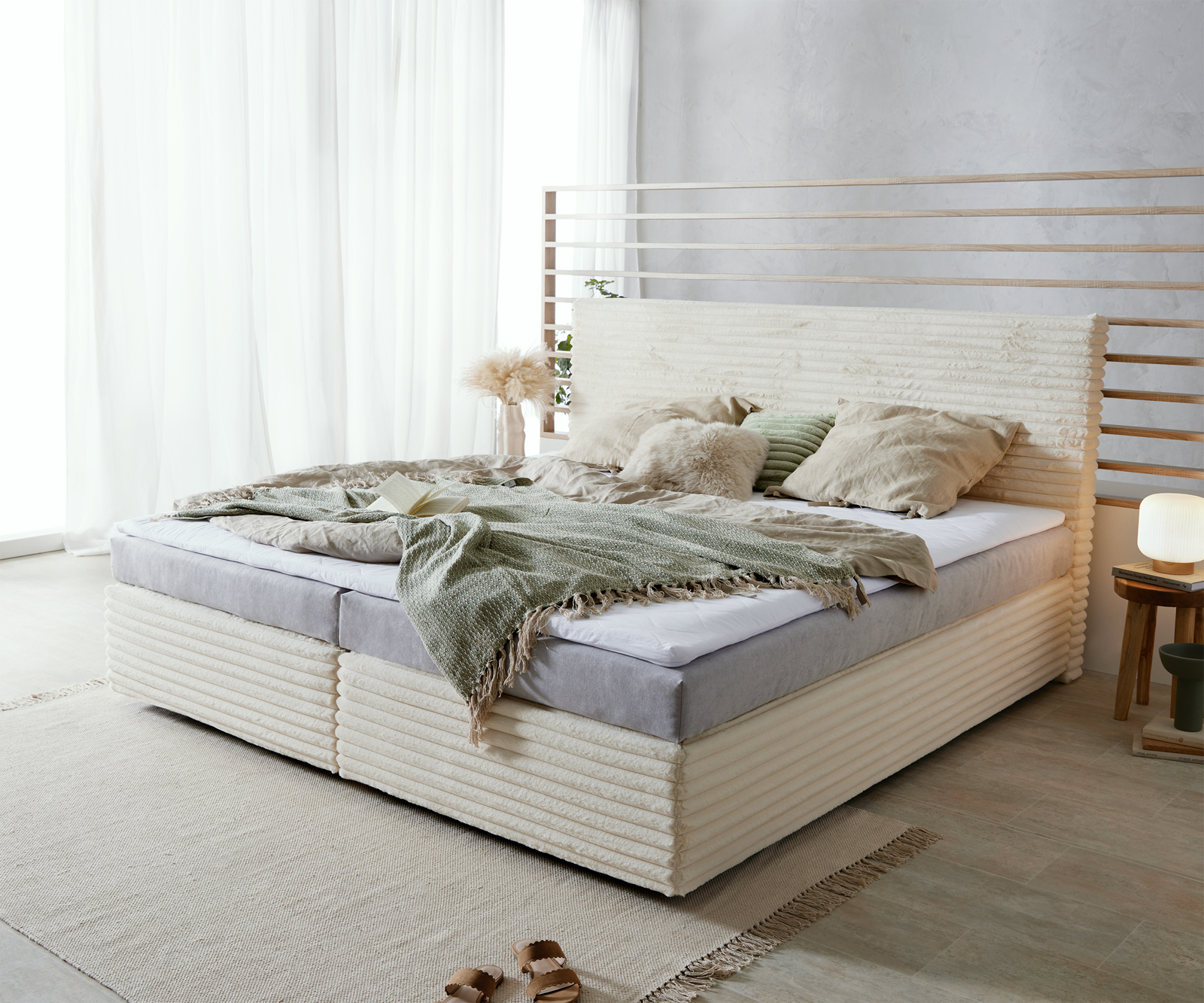 DELIFE Boxspringbett Dream-Well Plüsch-Cord Beige 200×200 cm Bonell-Matratze PU-Topper, Boxspringbetten