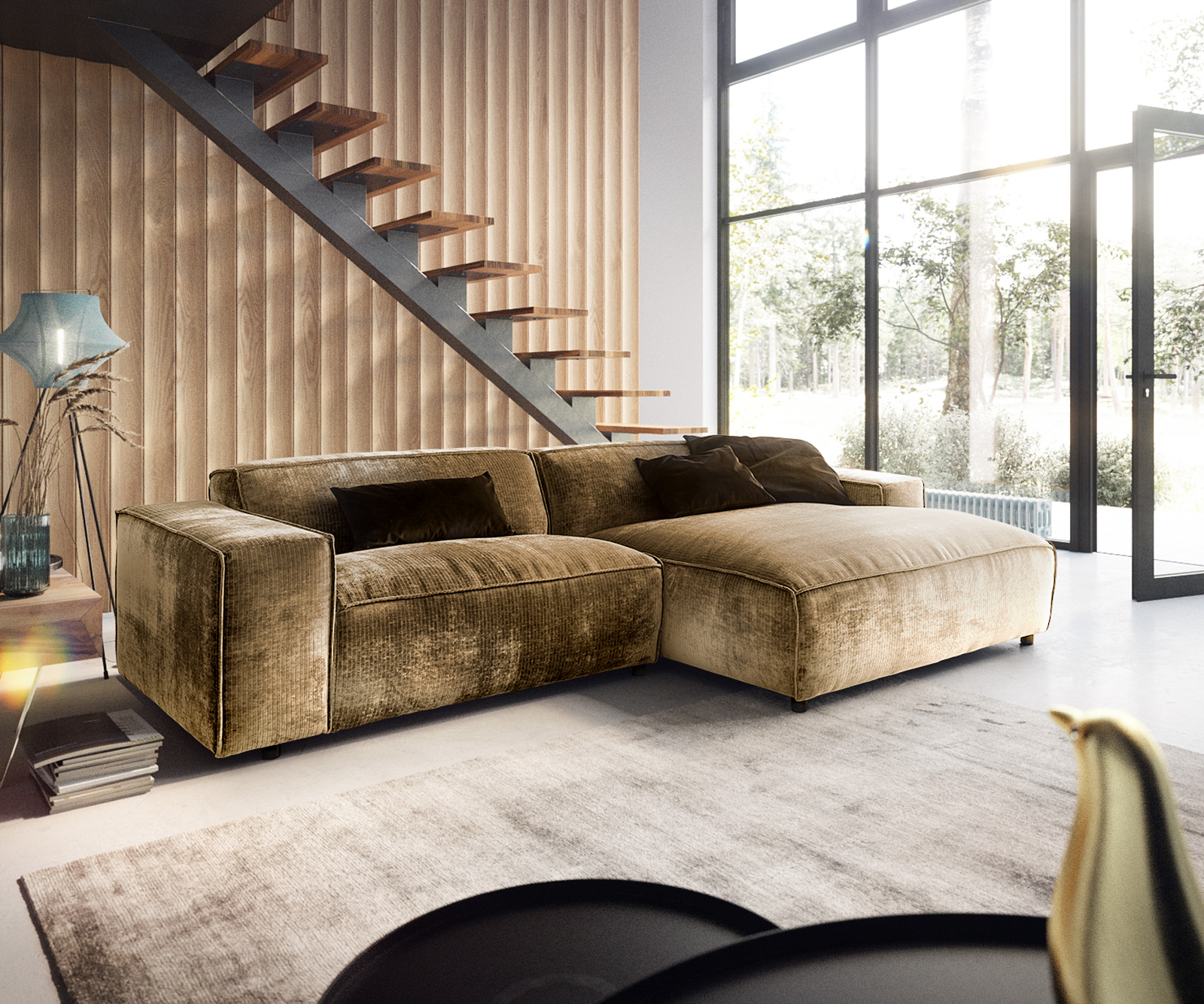 DELIFE Ecksofa Tenso 280×165 cm Chenille Gold Recamiere rechts, Ecksofas