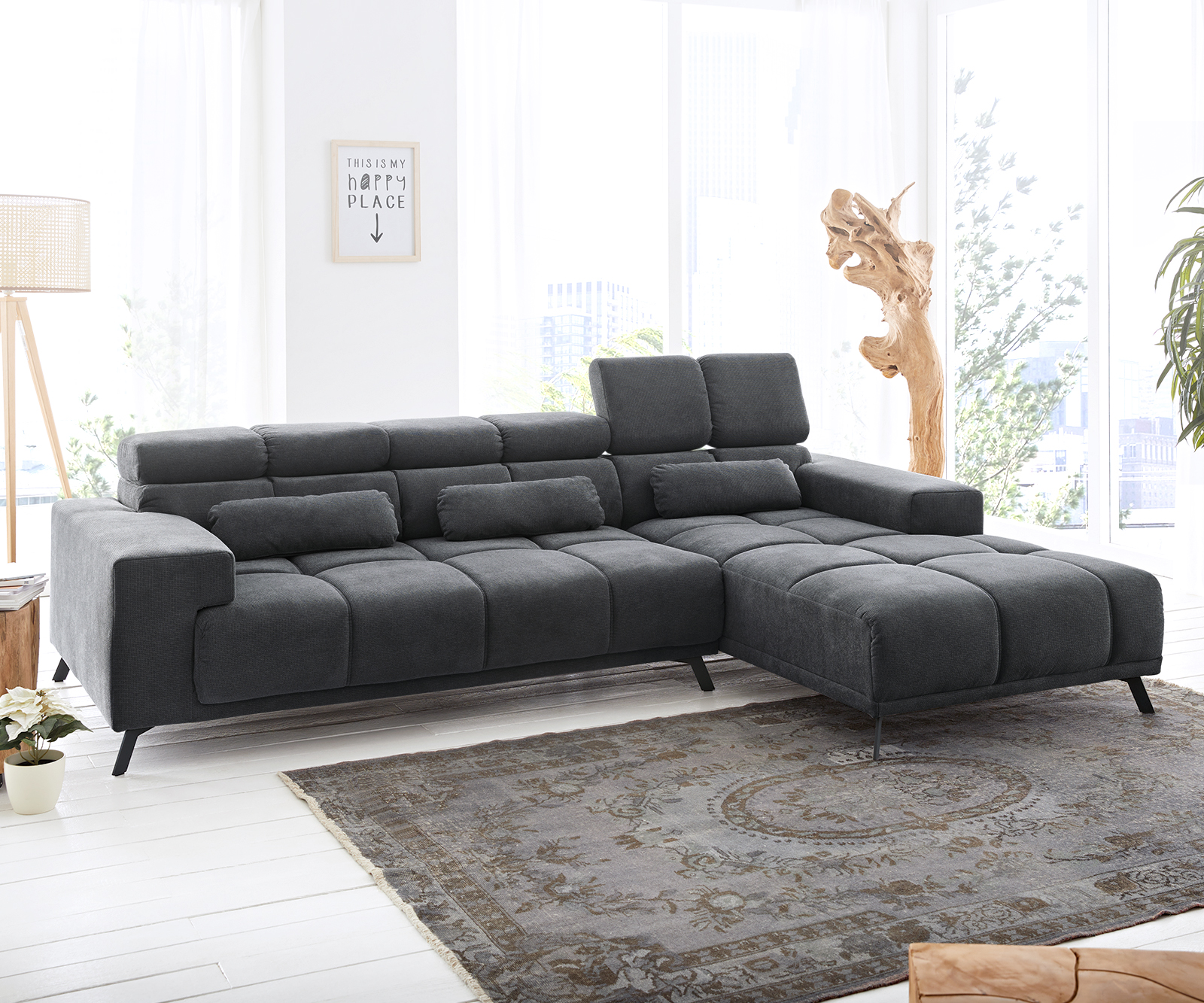 DELIFE Ecksofa Ordino 285×200 Mikrofaser Schwarz Ottomane rechts elektrische Sitztiefenverstellung, Ecksofas