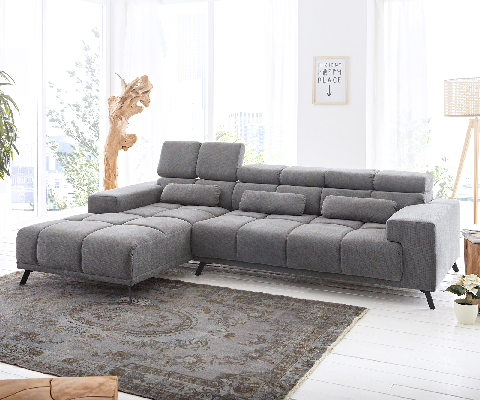 DELIFE Ecksofa Ordino 285×200 Mikrofaser Grau Ottomane links elektrische Sitztiefenverstellung, Ecksofas