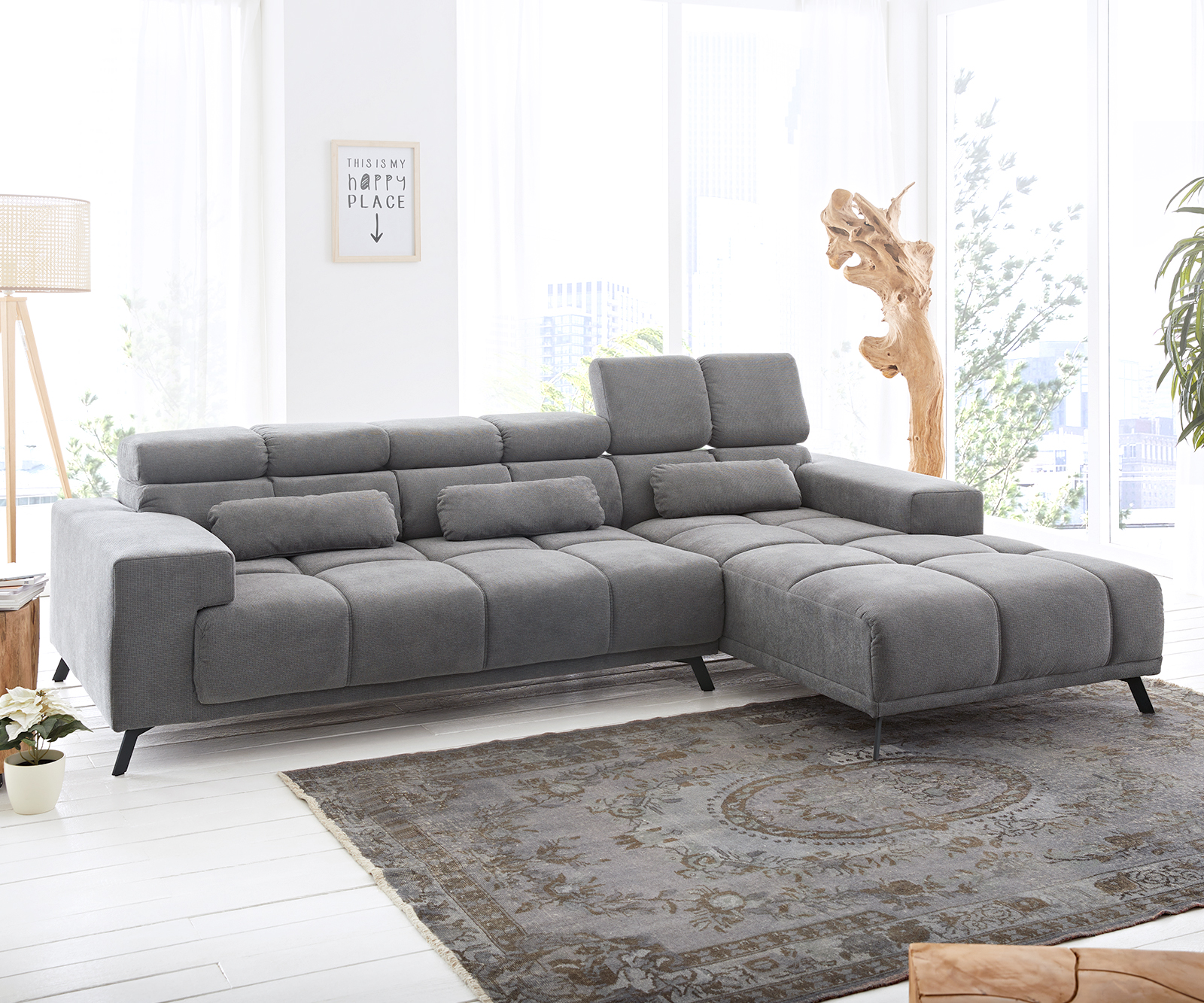 DELIFE Ecksofa Ordino 285×200 Mikrofaser Grau Ottomane rechts elektrische Sitztiefenverstellung, Ecksofas