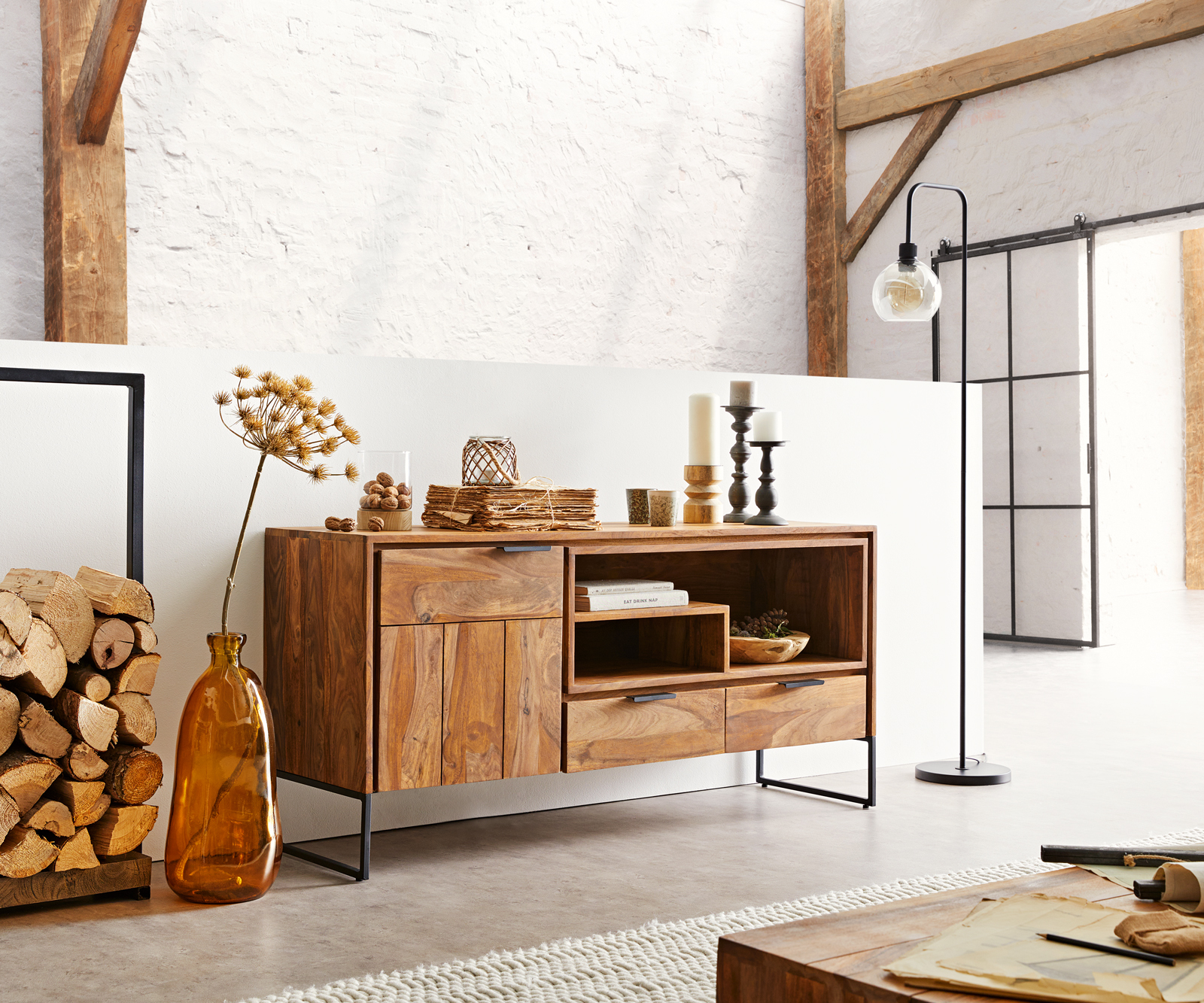 DELIFE Sideboard Nook 145 cm Sheesham Natur 1 Tür 2 Schübe, Sideboards