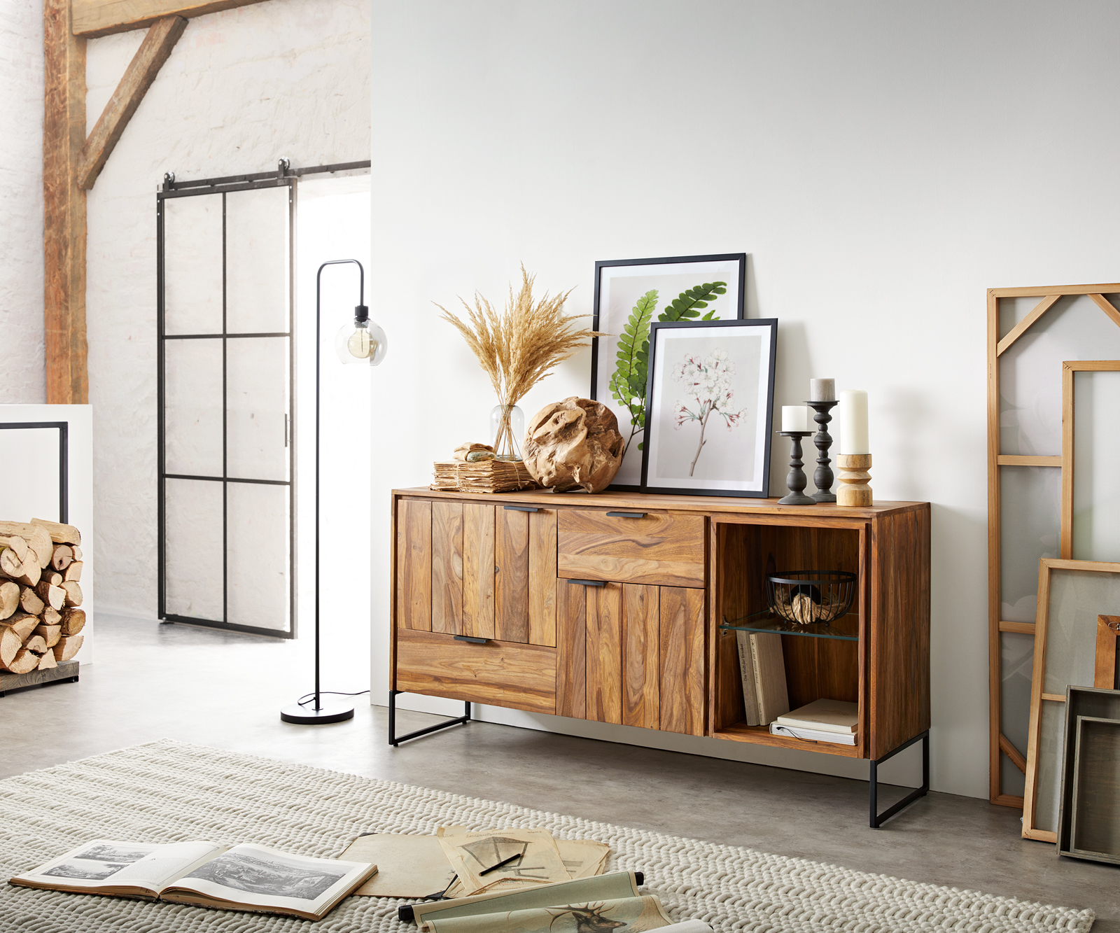 DELIFE Sideboard Nook 160 cm Sheesham Natur 2 Türen 2 Schübe, Sideboards