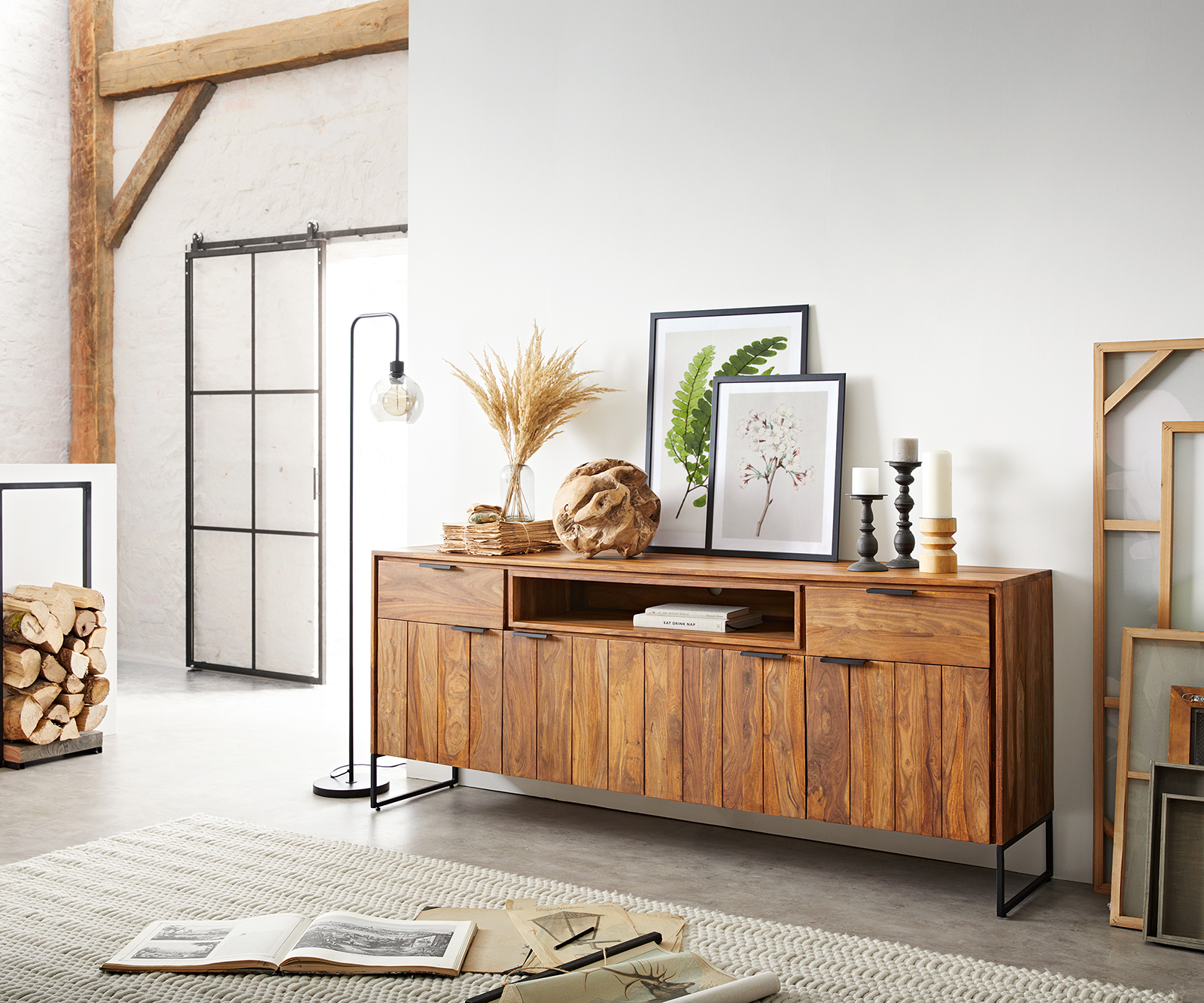 DELIFE Sideboard Nook 200 cm Sheesham Natur 4 Türen 2 Schübe, Sideboards