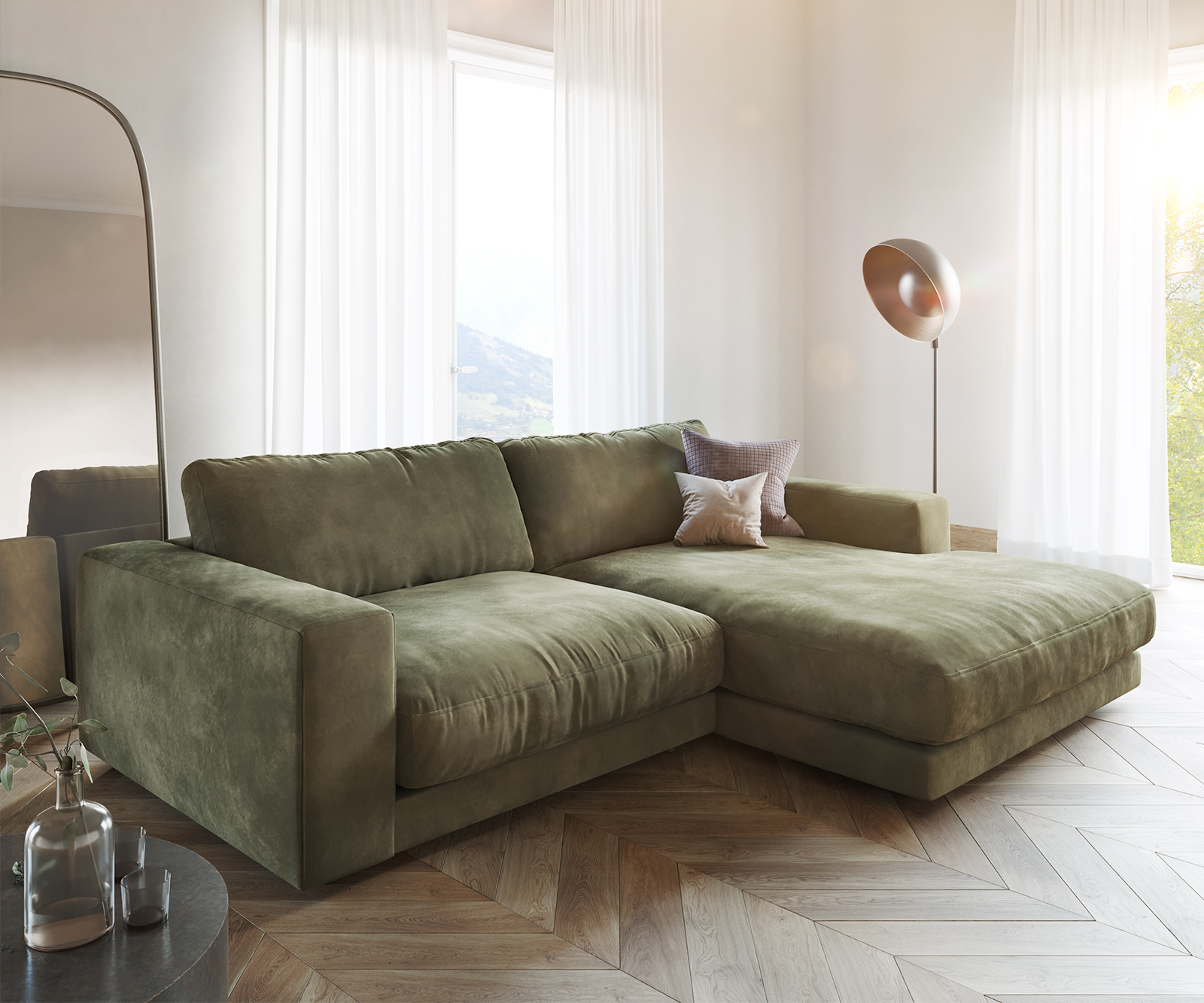 DELIFE Ecksofa Cubico 250×190 Samt Olive Recamiere rechts, Ecksofas