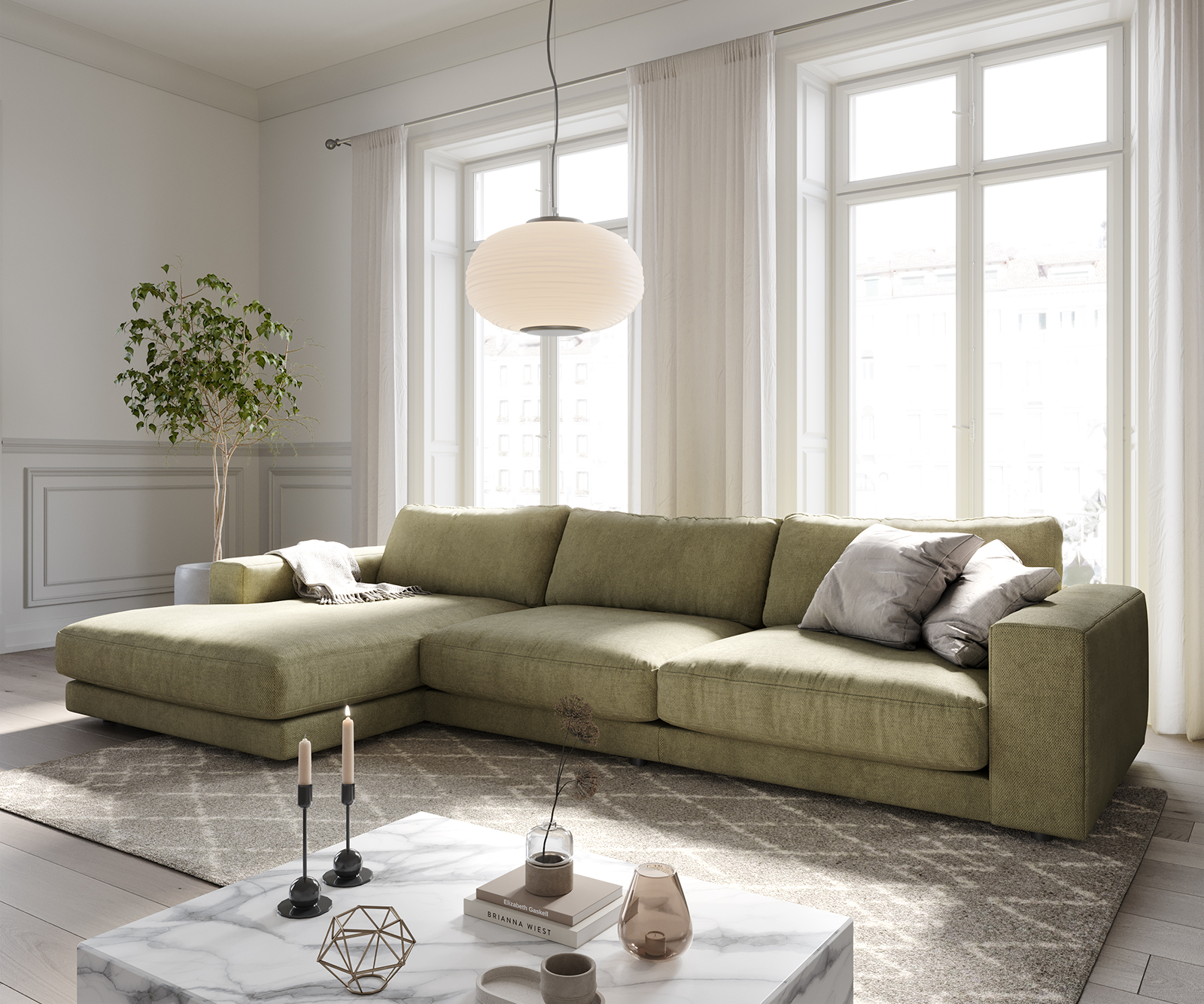 DELIFE Ecksofa Cubico 350×190 cm Strukturstoff Olive Recamiere links, Ecksofas