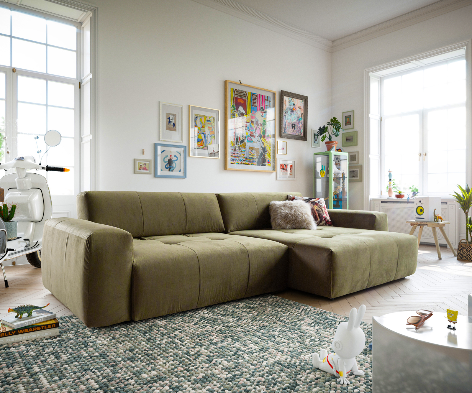 DELIFE Ecksofa Lazaro 300×160 cm Samt Olive Ottomane rechts mit Sitztiefenverstellung, Ecksofas