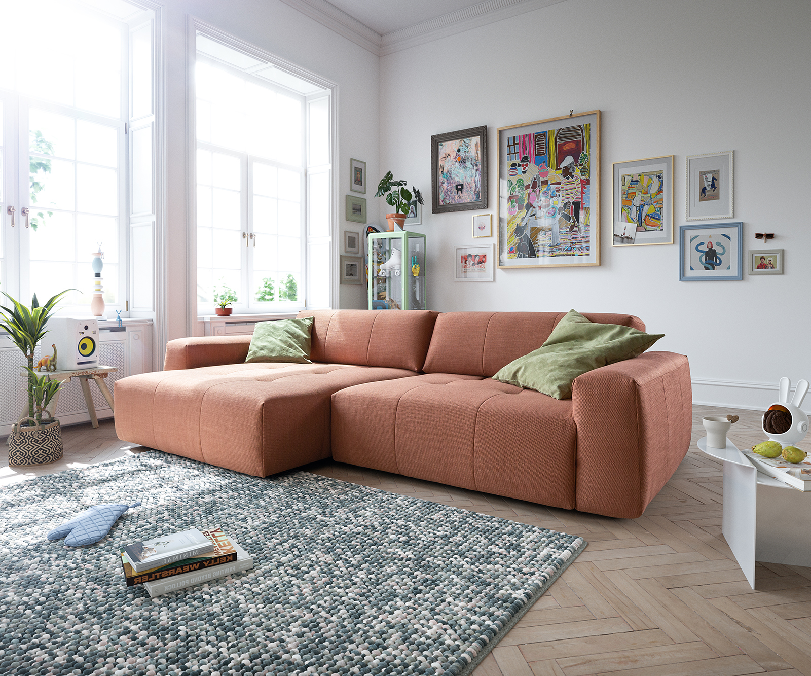 DELIFE Ecksofa Lazaro 300×160 cm Flachgewebe Orange Ottomane links mit Sitztiefenverstellung, Ecksofas