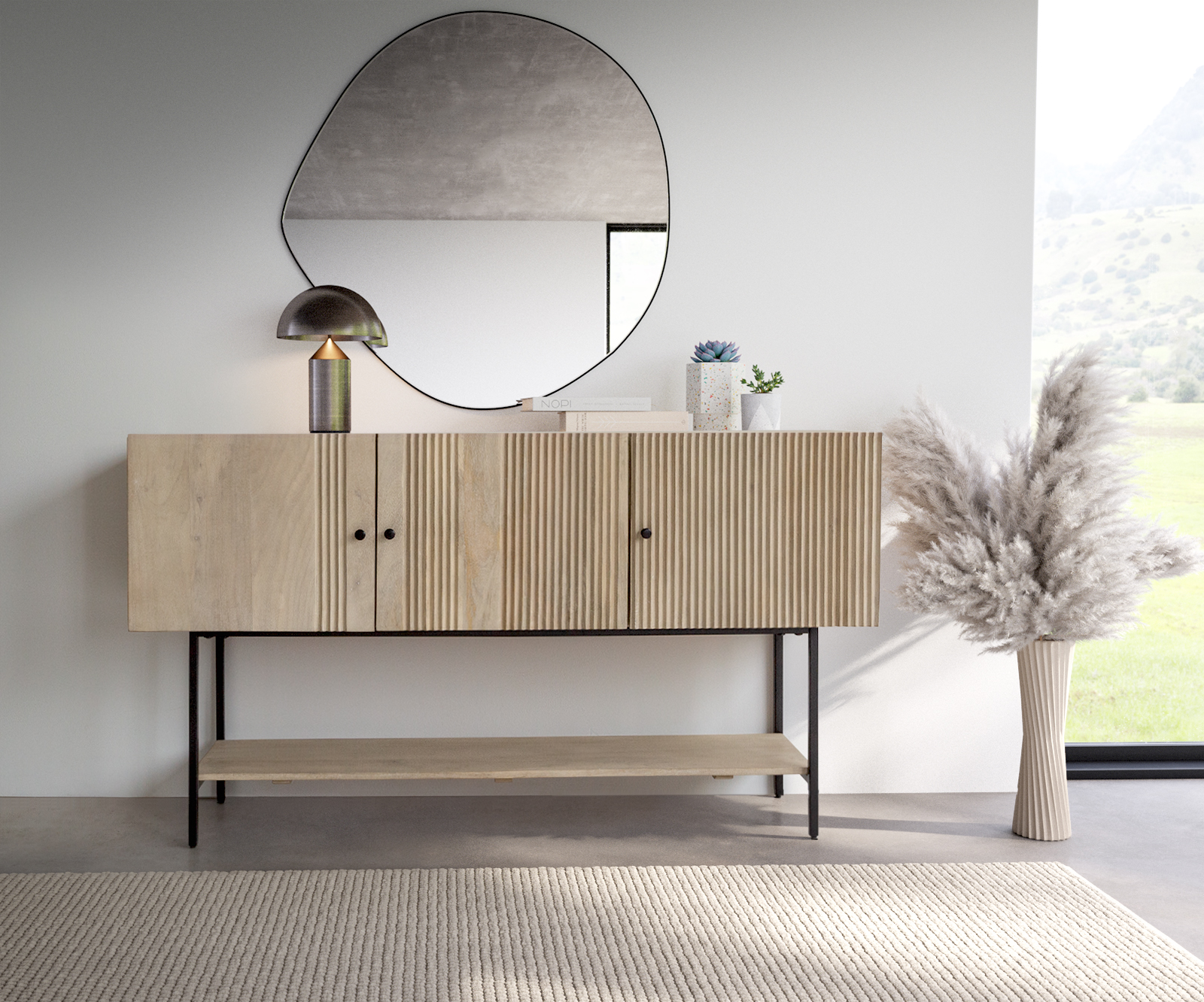 DELIFE Sideboard Nencia 165 cm  Mango White Wash Metall Schwarz 3 Türen, Sideboards