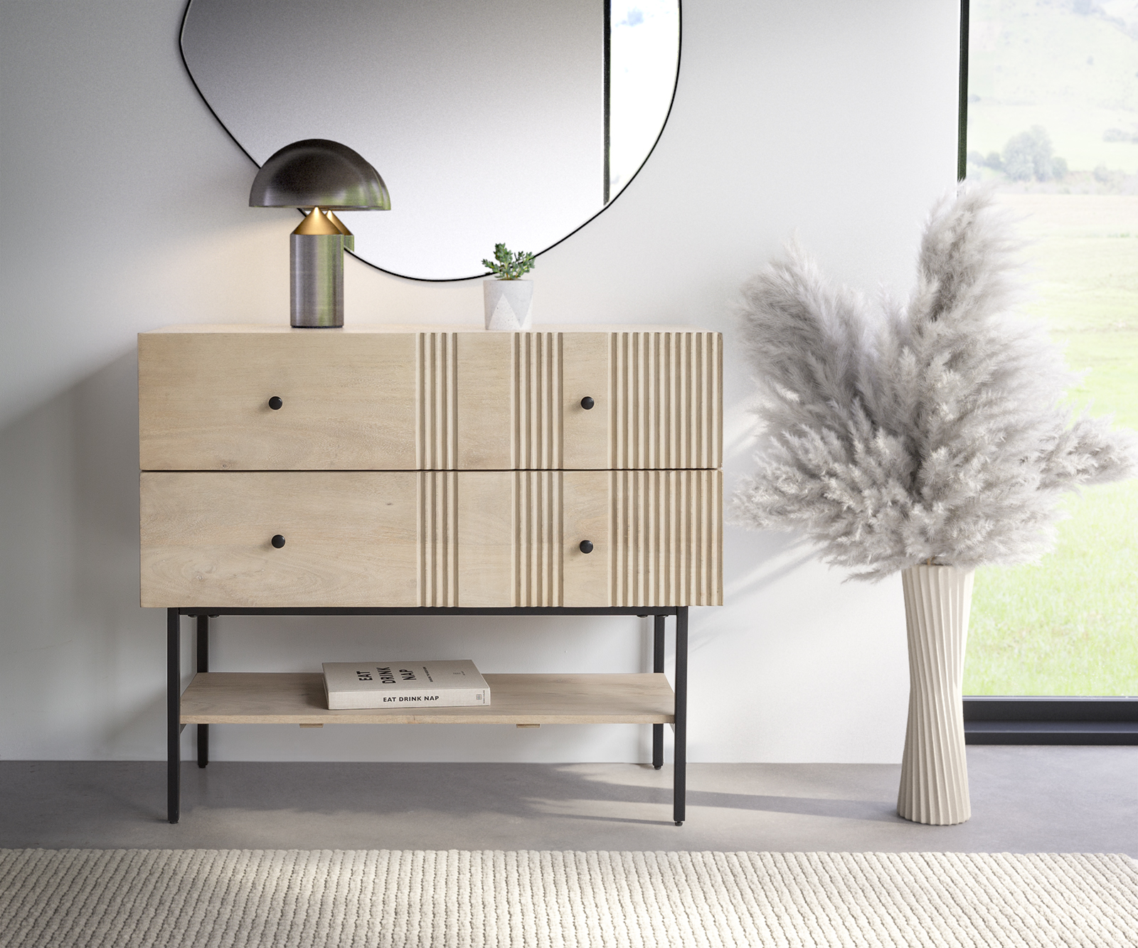 DELIFE Sideboard Neria 100 cm Mango White Wash Metall Schwarz 2 Schubladen, Sideboards