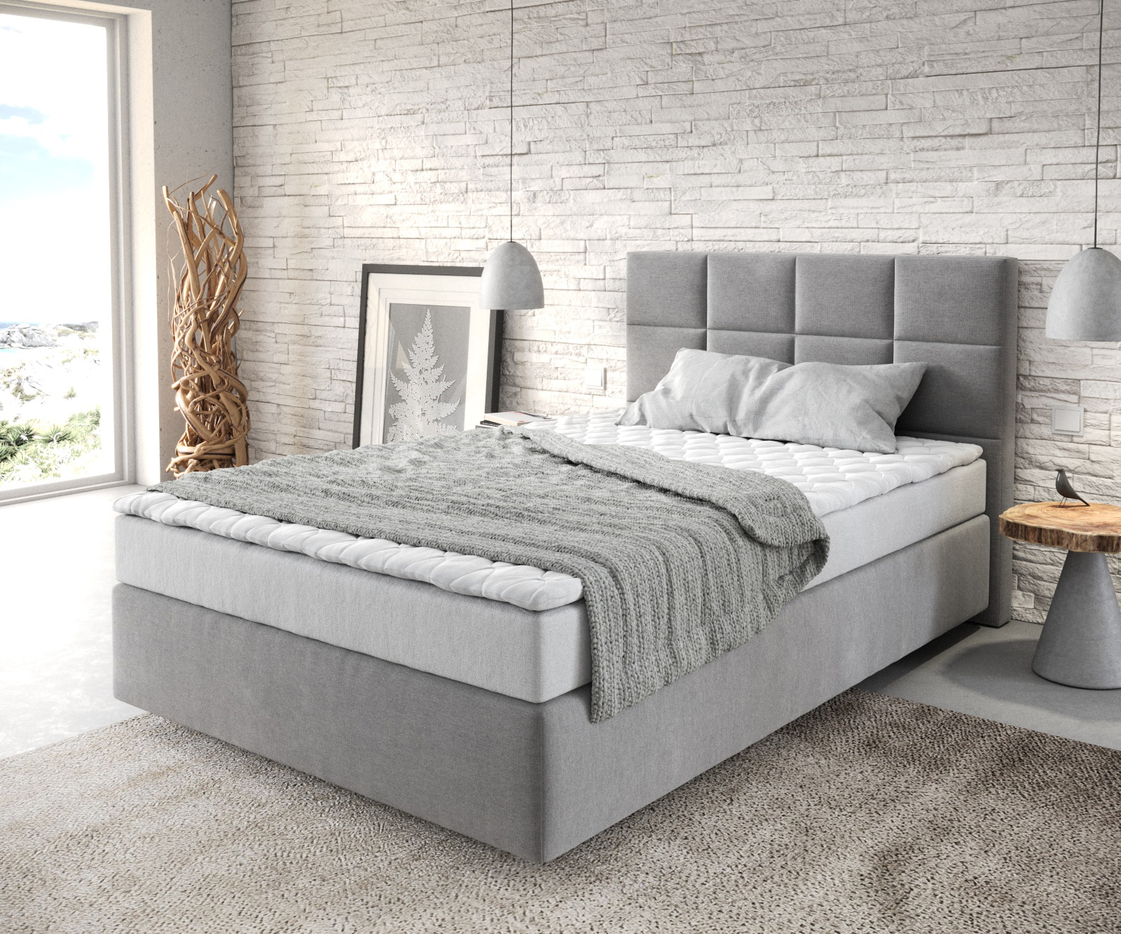 DELIFE Boxspringbett Dream-Fine 120×200 cm Mikrofaser Grau mit Matratze und Topper, Boxspringbetten