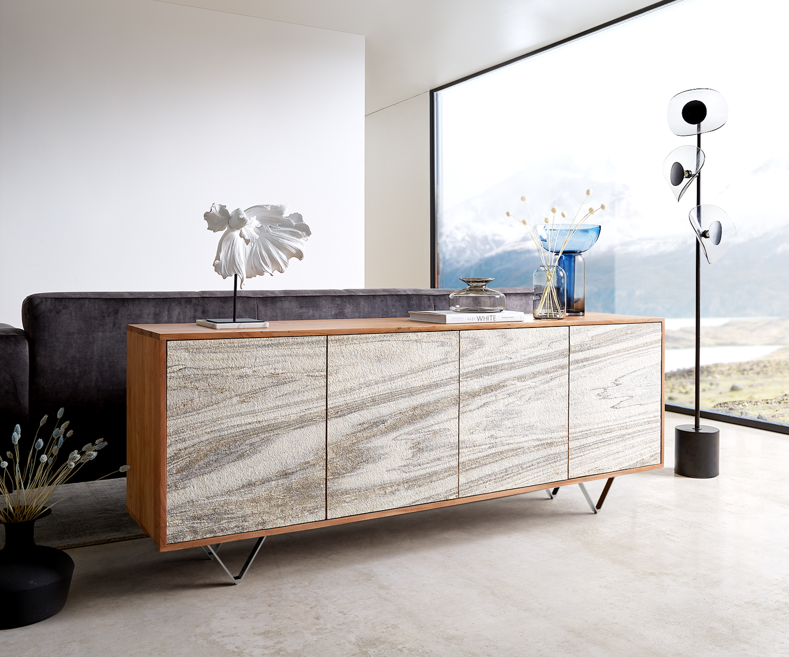 DELIFE Sideboard Kleo 175 cm Akazie Natur 4 Türen V-Fuß Edelstahl, Sideboards