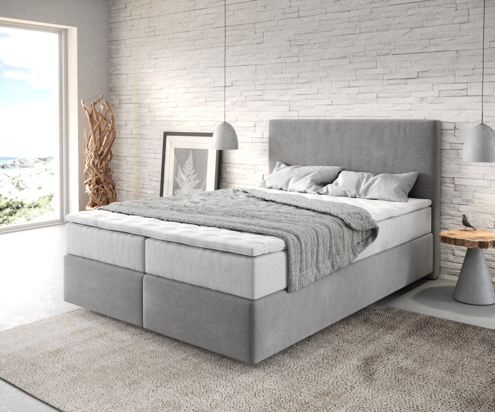 DELIFE Boxspringbett Dream-Well 140×200 cm Mikrofaser Grau mit TFK Matratze und Visco Topper, Boxspringbetten