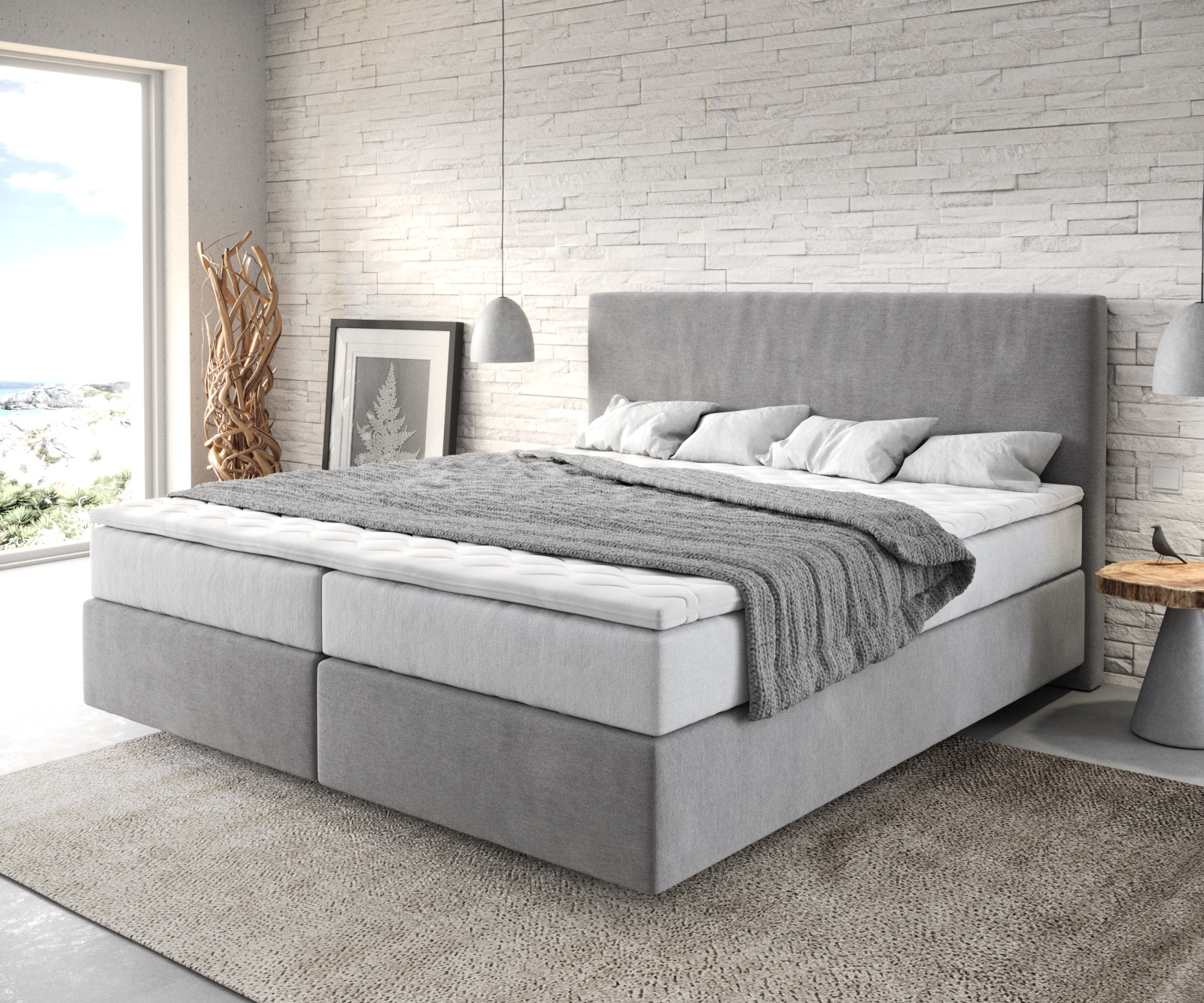 DELIFE Boxspringbett Dream-Well 180×200 cm Mikrofaser Grau mit TFK Matratze und Visco Topper, Boxspringbetten