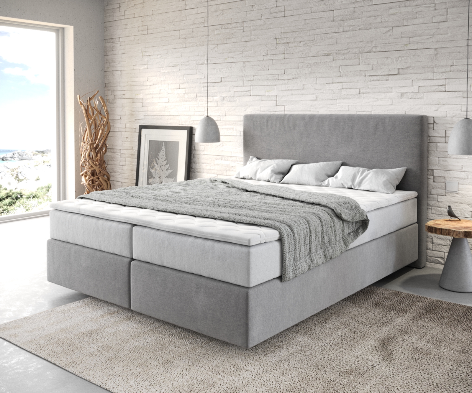 DELIFE Boxspringbett Dream-Well 160×200 cm Mikrofaser Grau mit TFK Matratze und Visco Topper, Boxspringbetten