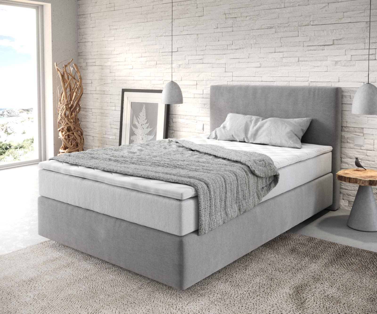 DELIFE Boxspringbett Dream-Well 120×200 cm Mikrofaser Grau mit TFK Matratze und Visco Topper, Boxspringbetten