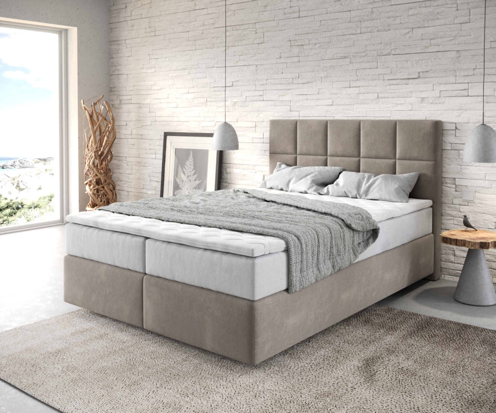 DELIFE Boxspringbett Dream-Fine 140×200 cm Mikrofaser Beige mit TFK Matratze und Visco Topper, Boxspringbetten