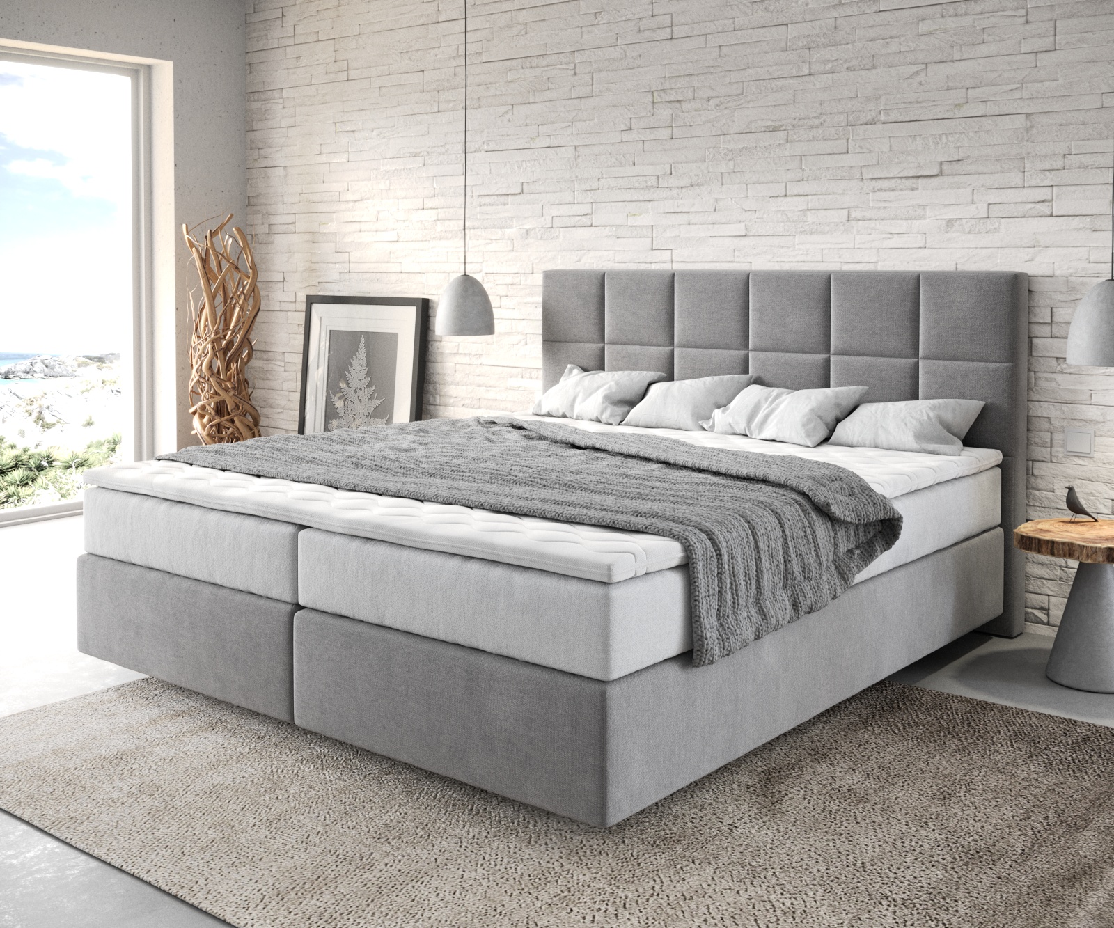 DELIFE Boxspringbett Dream-Fine 180×200 cm Mikrofaser Grau mit TFK Matratze und Visco Topper, Boxspringbetten