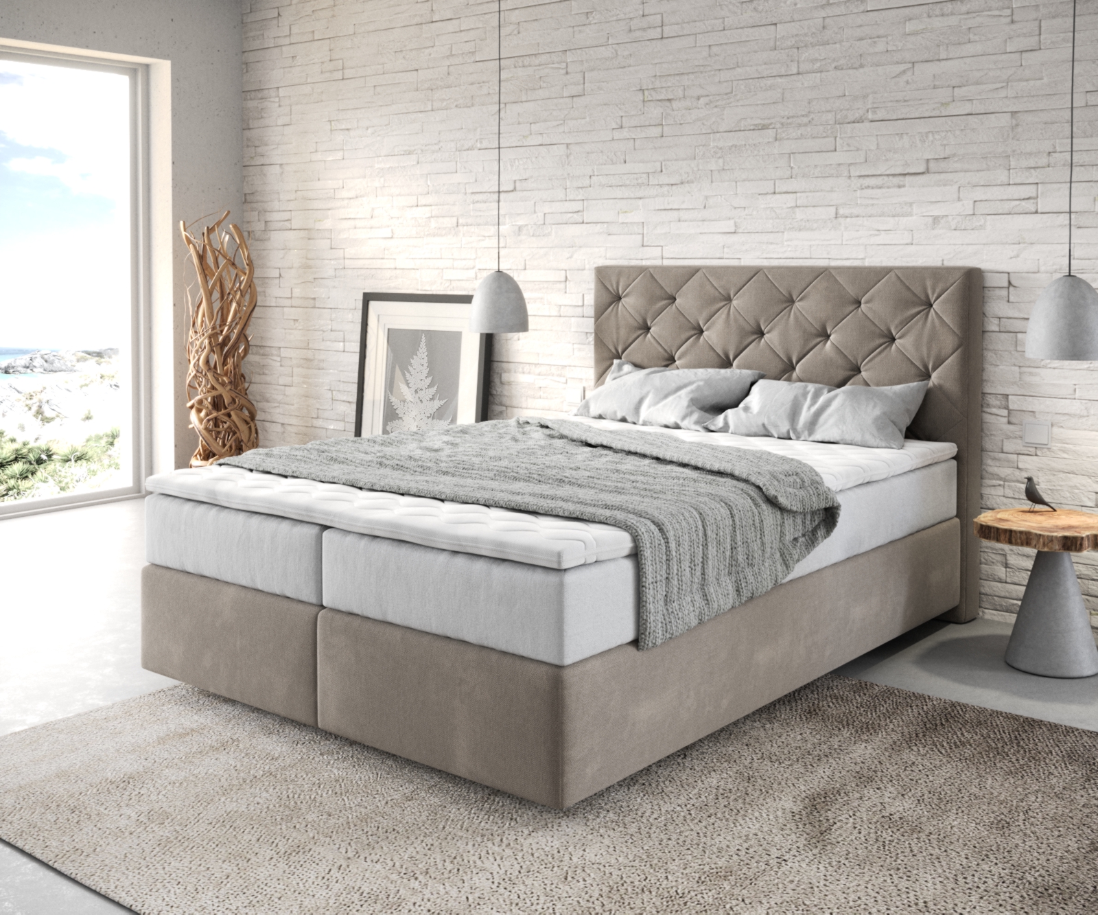 DELIFE Boxspringbett Dream-Great 140×200 cm Mikrofaser Beige mit TFK Matratze und Visco Topper, Boxspringbetten