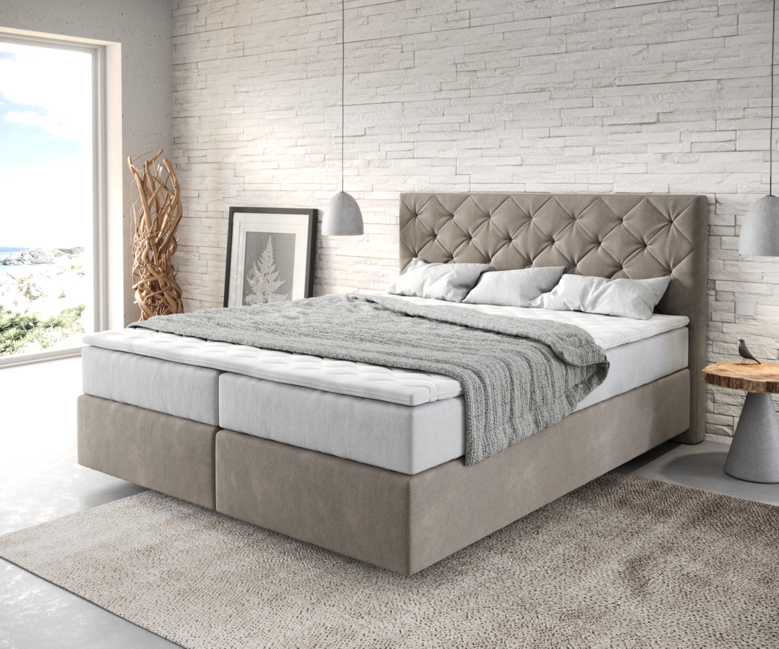 DELIFE Boxspringbett Dream-Great 160×200 cm Mikrofaser Beige mit TFK Matratze und Visco Topper, Boxspringbetten