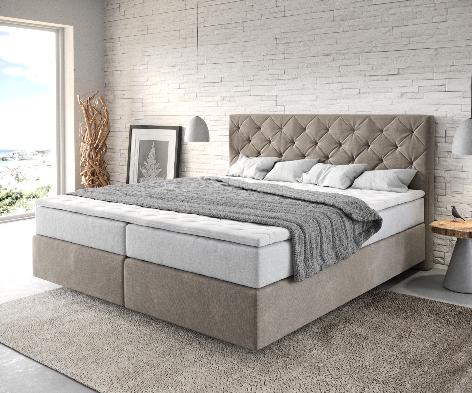 DELIFE Boxspringbett Dream-Great 180×200 cm Mikrofaser Beige mit TFK Matratze und Visco Topper, Boxspringbetten