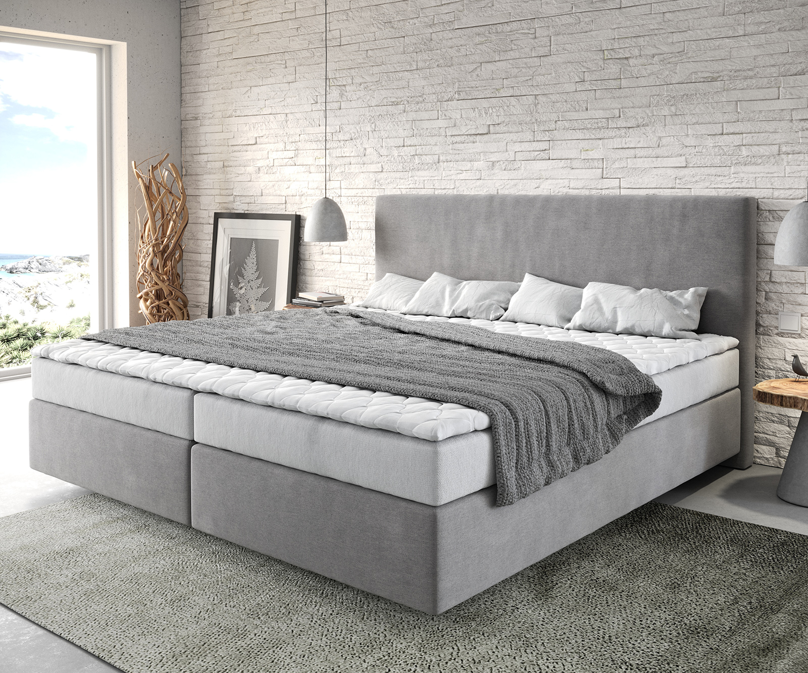 DELIFE Boxspringbett Dream-Well Mikrofaser Grau 200×200 cm Bonell-Matratze PU-Topper, Boxspringbetten