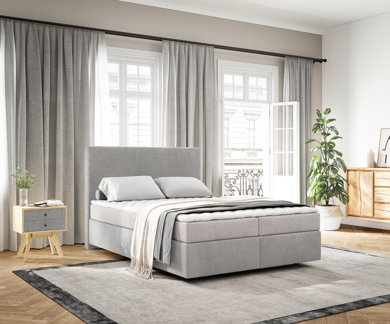 DELIFE Boxspringbett Dream-Well 140×200 cm Cord Silbergrau mit Matratze und Topper, Boxspringbetten