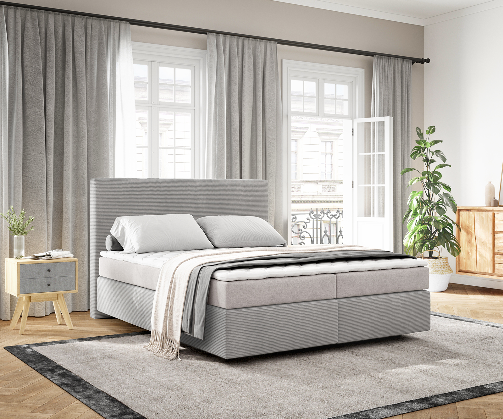 DELIFE Boxspringbett Dream-Well 160×200 cm Cord Silbergrau mit Matratze und Topper, Boxspringbetten