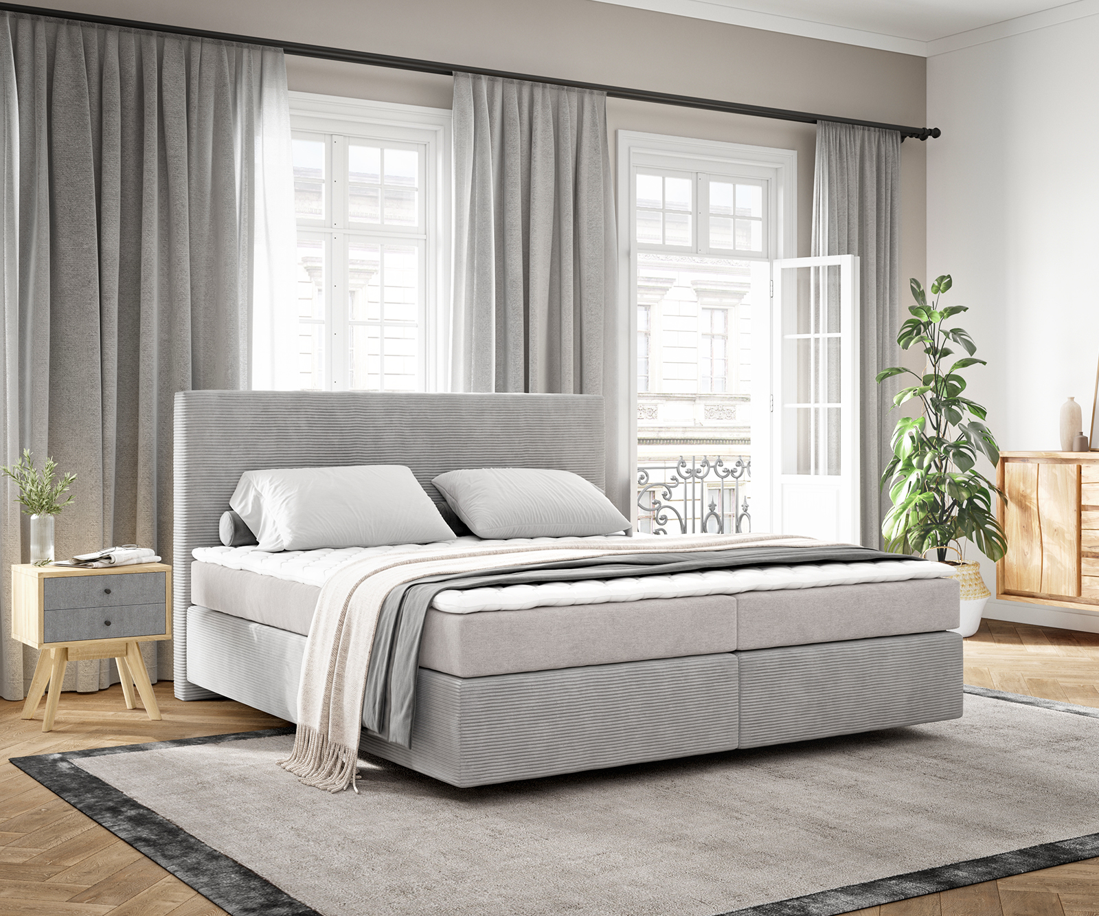 DELIFE Boxspringbett Dream-Well 180×200 cm Cord Silbergrau mit Matratze und Topper, Boxspringbetten