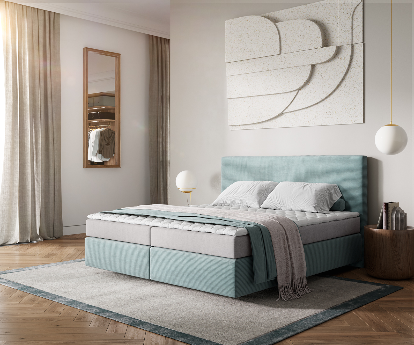 DELIFE Boxspringbett Dream-Well 180×200 cm Cord Pastellblau mit Matratze und Topper, Boxspringbetten