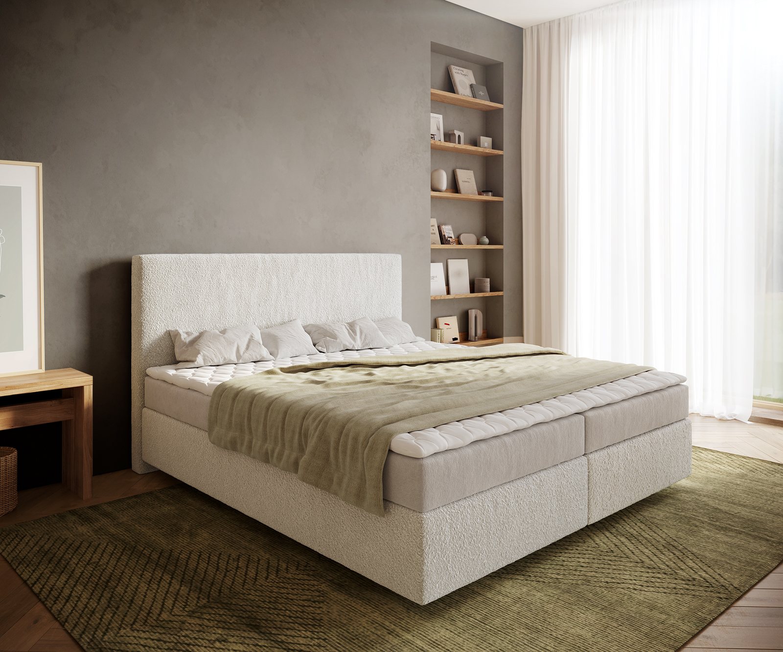 DELIFE Boxspringbett Dream-Well 180×200 cm Bouclé Creme-Weiß mit Matratze und Topper, Boxspringbetten